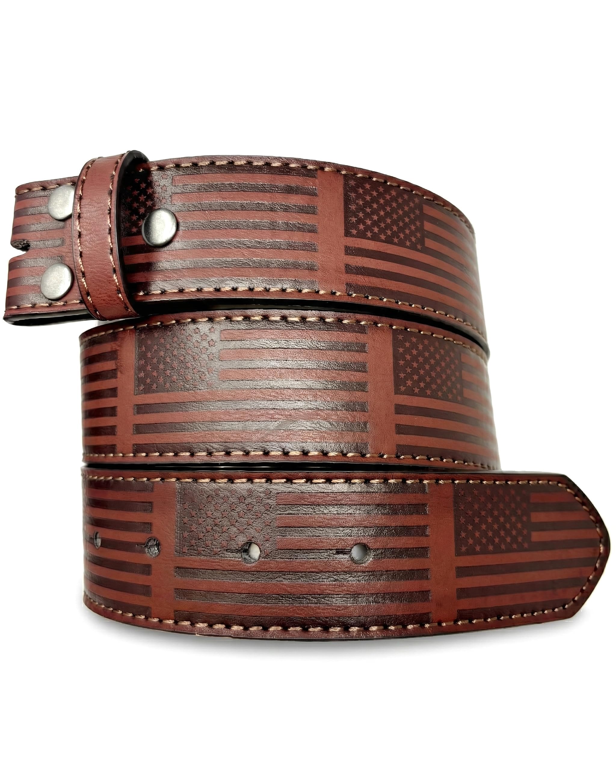 Leather Belt Strap with American Flag Embossed Pattern 1.5" Wide with Snaps - USA Patriotic Stars and Stripes