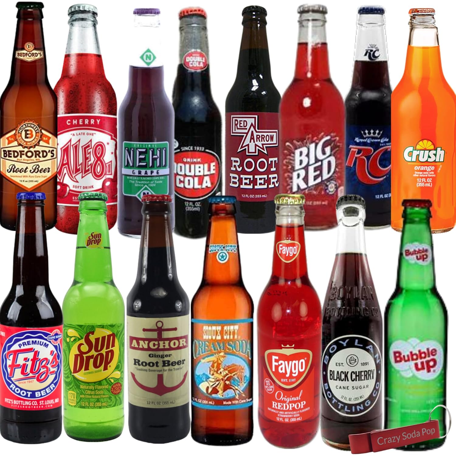 Surprise Variety Soda Sampler | Premium Craft Soda Variety Pack from Around USA in Glass Bottles | Includes Crazy Soda Pop Bottle Opener (12 Pack)