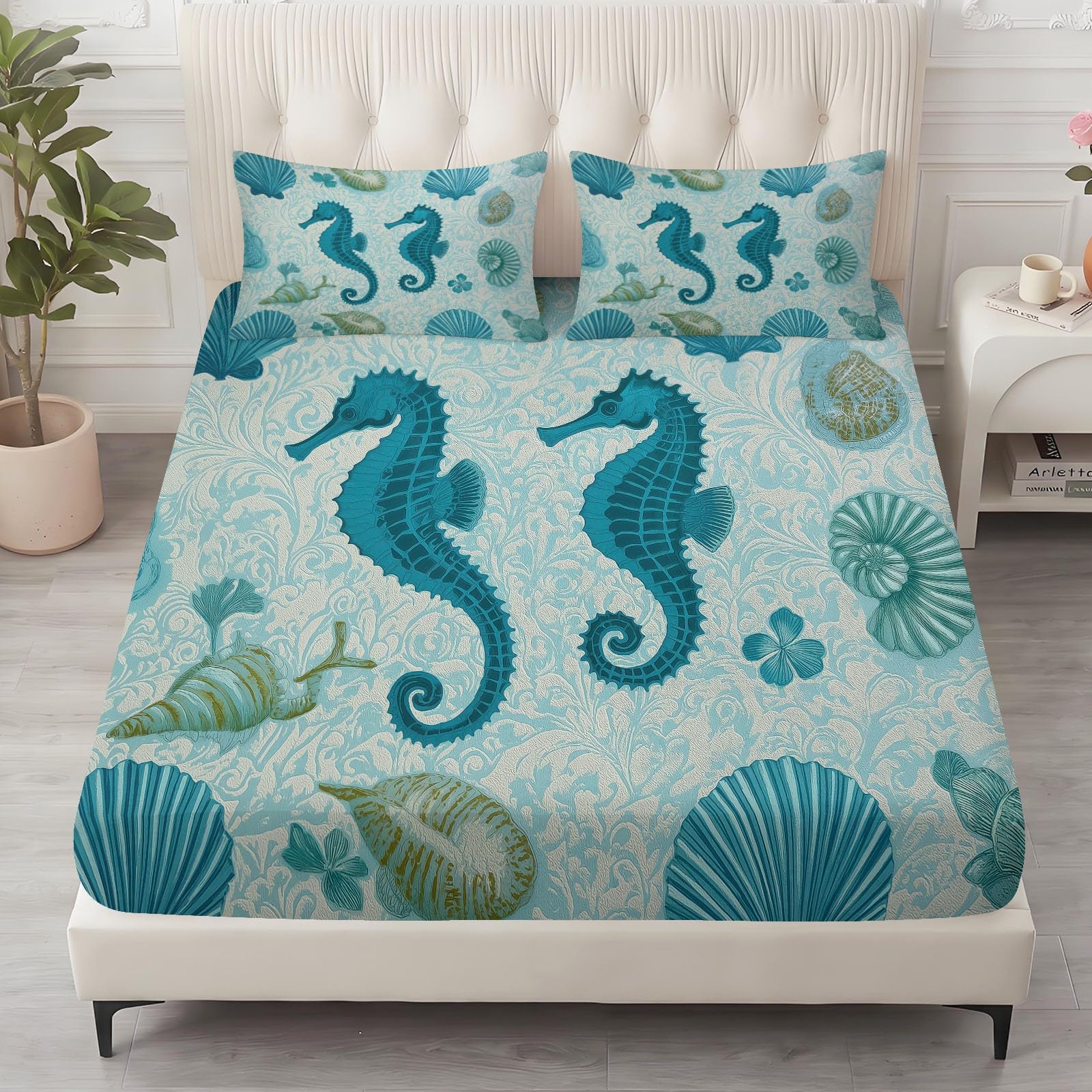 Spannbettlaken Meereslebewesen Bettlaken 160 x 200 cm Weiche Atmungsaktive - Seepferdchen Muschel Rankenmuster Spannbetttuch für Boxspringbett & Wasserbett Schlafzimmer Dekor, Steghöhe 30 cm