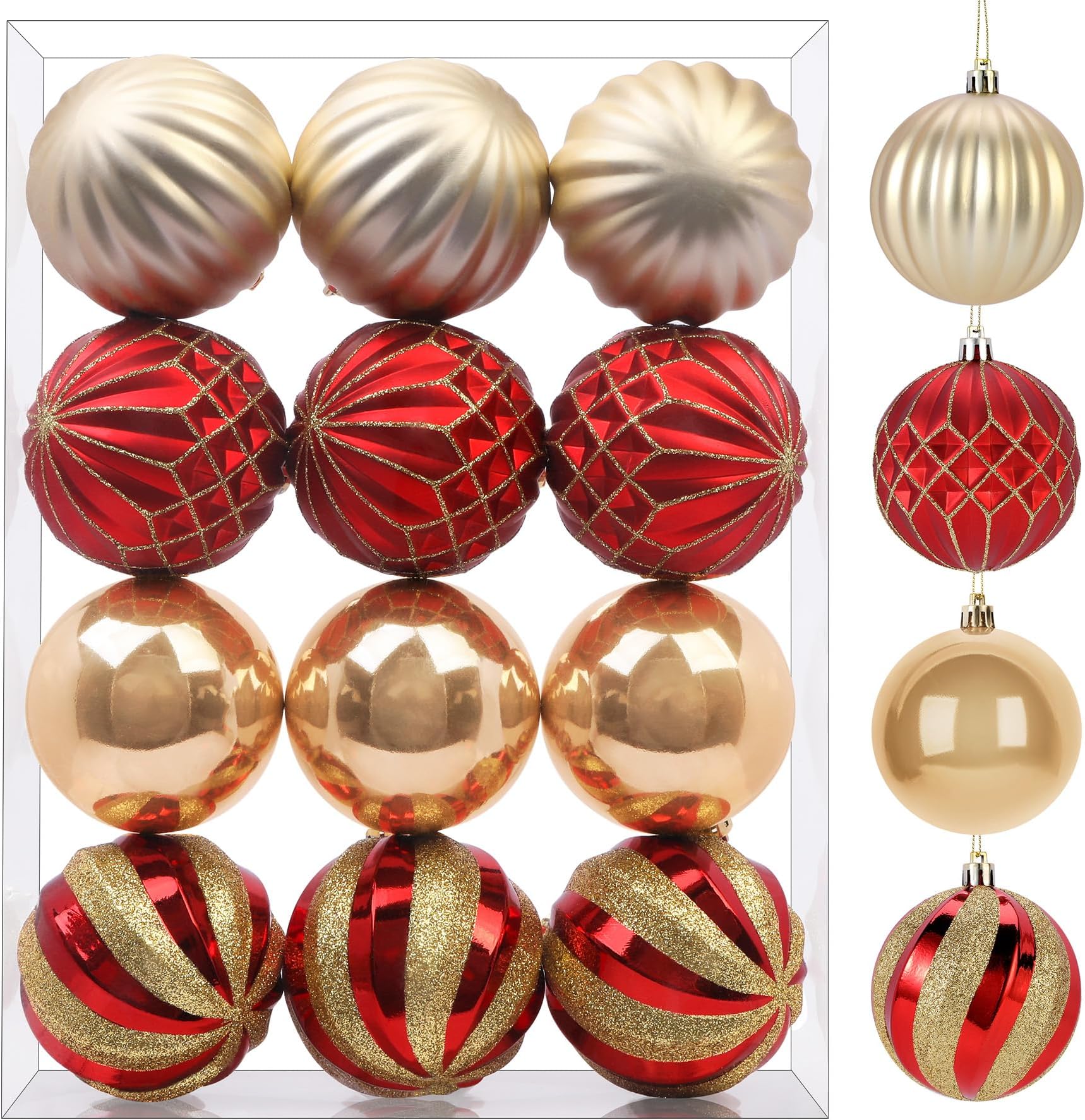SHareconn 12ct 3.15 Inch Christmas Tree Baubles Ornaments, Colored Shatterproof Plastic Decorative Baubles for Xmas Tree Decor Holiday Party Wedding Decoration(Red & Gold,8CM)