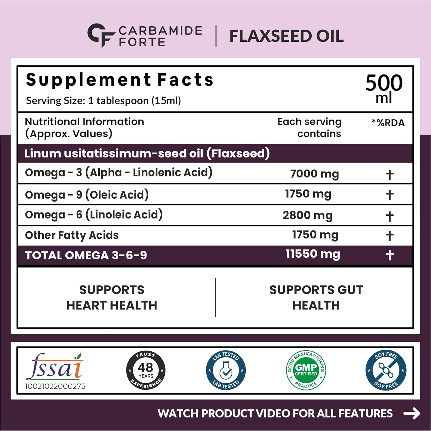 Carbamide Forte Cold Pressed Flaxseed Oil with 11500mg Omega 3 6 9 per Serving for Eating, Skin & Hair Growth - 500ml Vegetarian Oil Carbamide Forte Cold Pressed Flaxseed Oil with 11500mg Omega 3 6 9 per Serving for Eating, Skin & Hair Growth - 500ml Vegetarian Oil