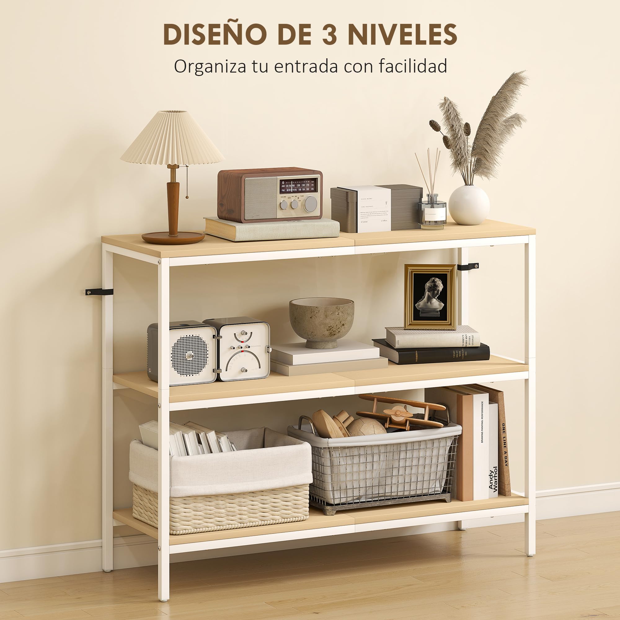HOMCOM Mesa de Consola Estrecha Moderna 101x35x80 cm Natural y Blanco | Consola de Recibidor, Mesa de Recibidor, 3 Estantes Abiertos, Patas de Metal, Pasillo Entrada Salón Dormitorio