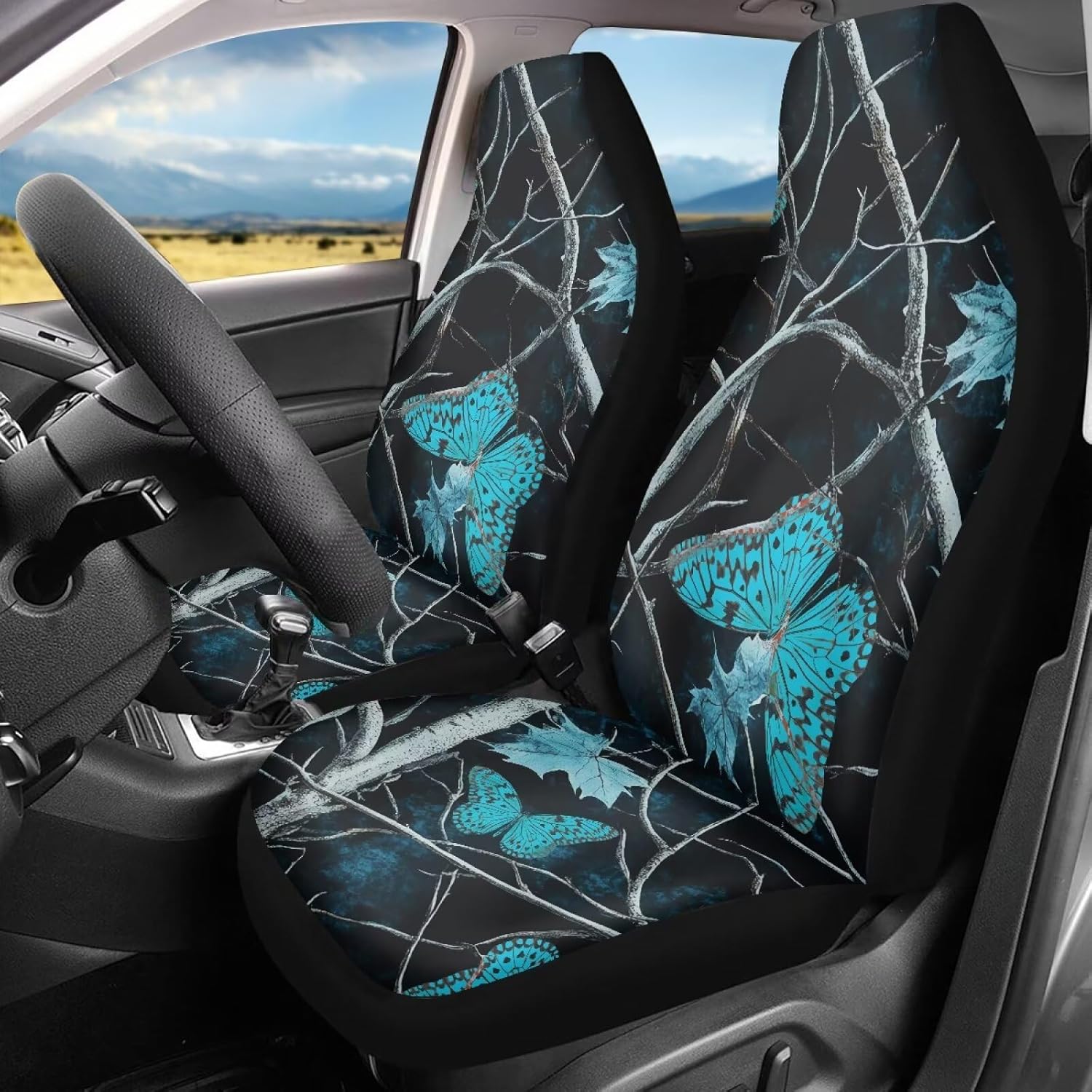 Cozeyat Camo Blue Butterfly Auto Seat Cover Set of 2 Soft Car Seat Covers Protectors Auto Accessories Carseat for Front Seats Cushion Pad Mat Fit for Most Truck, Van, and SUV