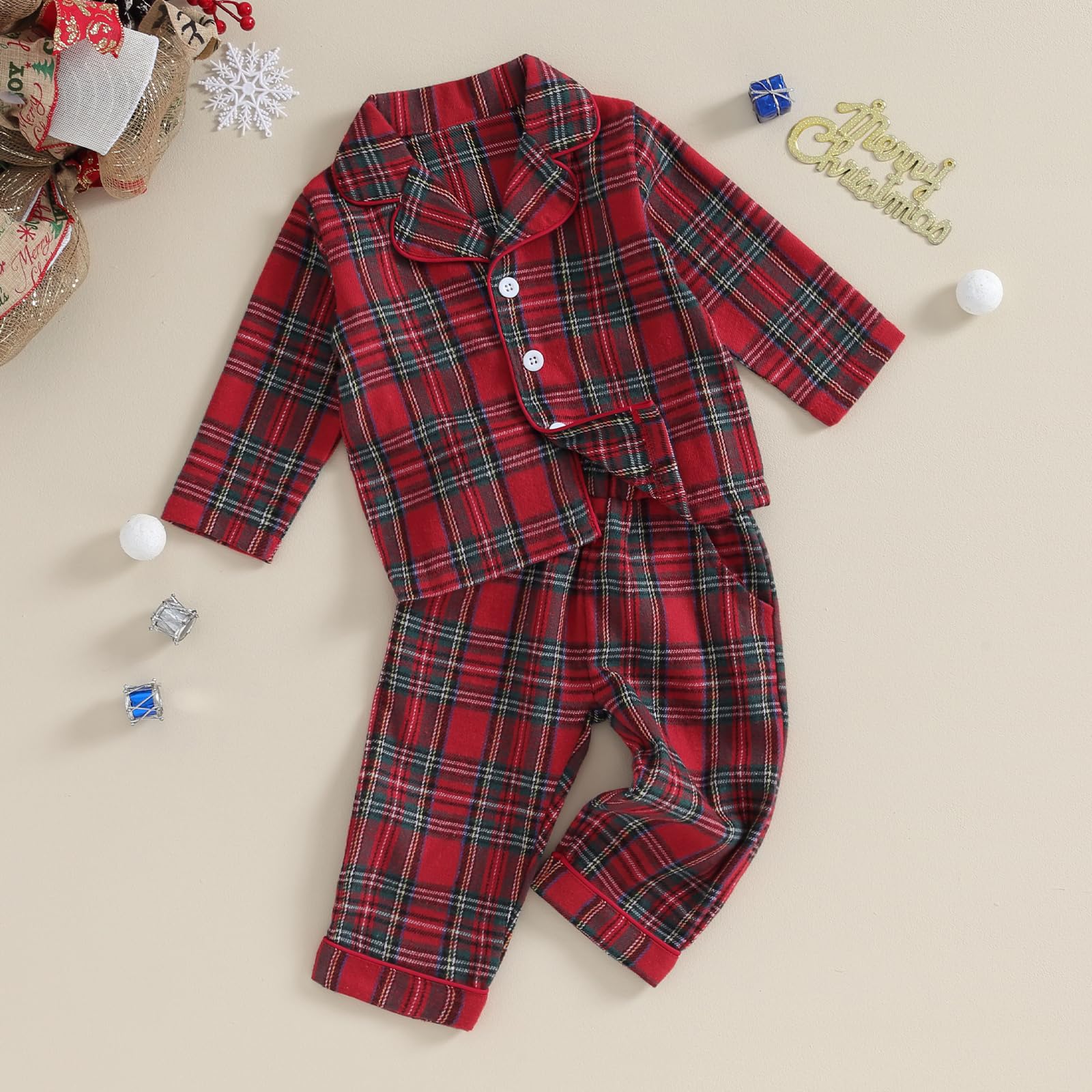 MAINESAKA Toddler Baby Girl Boy Satin Silk Pajamas 2 Piece Long Sleeve Button Down Shirt Elastic Band Flower Sleepwear Pjs (A-Red Christmas, 12-18 Months)