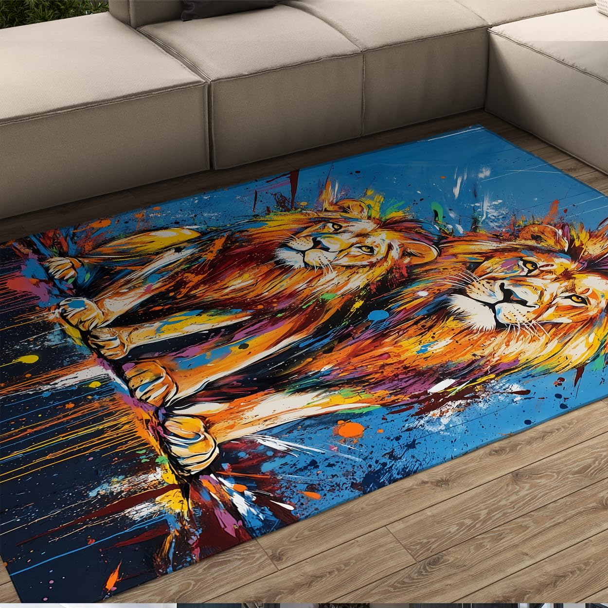 Tapis lion bleu 60x90cm lavable et antidérapant style street art pour salon et chambre