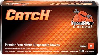 Adenna Catch 9 Mil Heavy Duty Orange Nitrile Gloves - Powder-Free Pyramid Grip, Latex-Free Disposable Work Gloves, Pack of 100, Medium