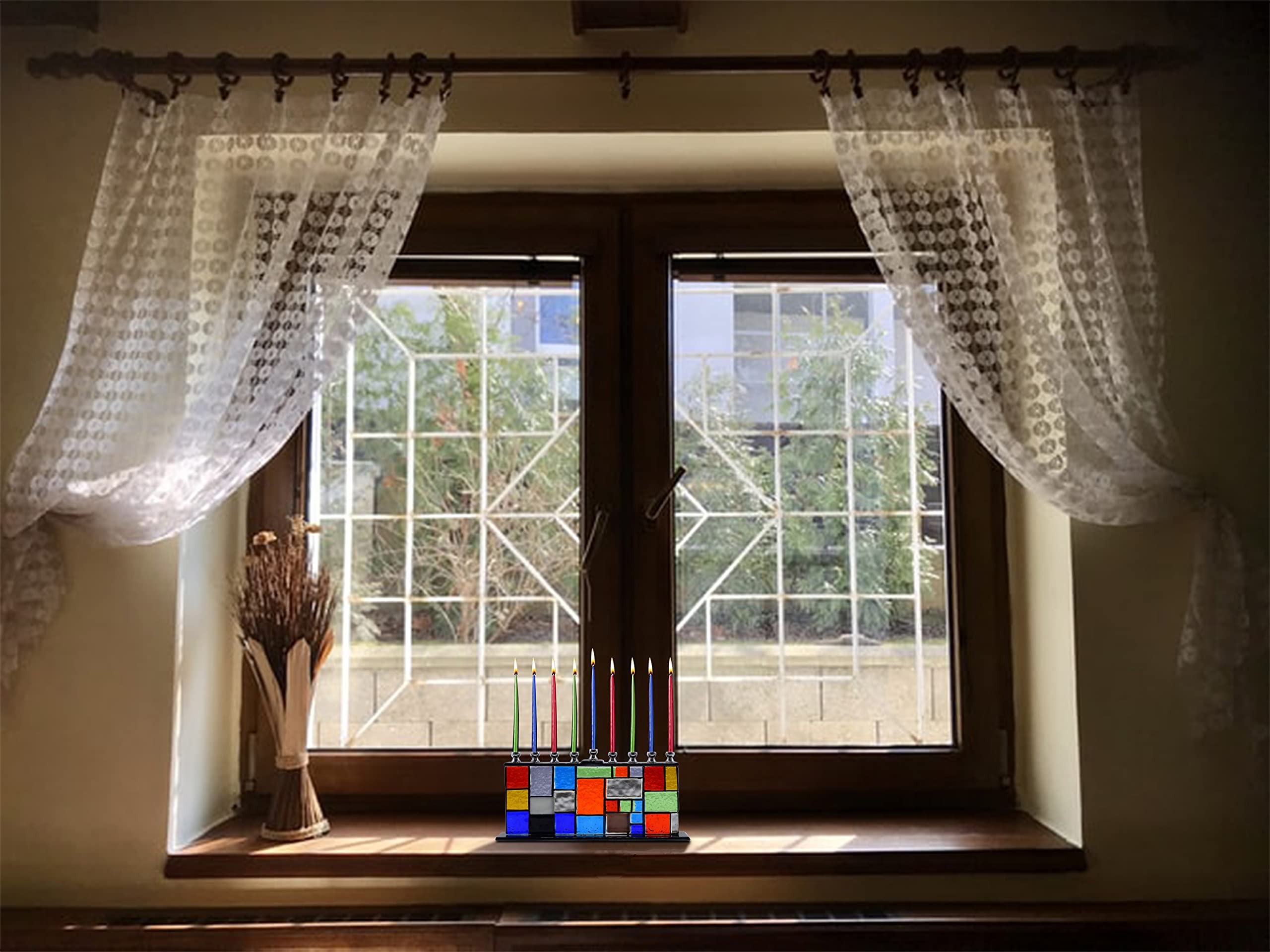 Ner Mitzvah szklana świeca Menora - pasuje do wszystkich standardowych świec Chanuka - ręcznie wykonane 'Hand of Unity' malowane szkło Chanuka Menora
