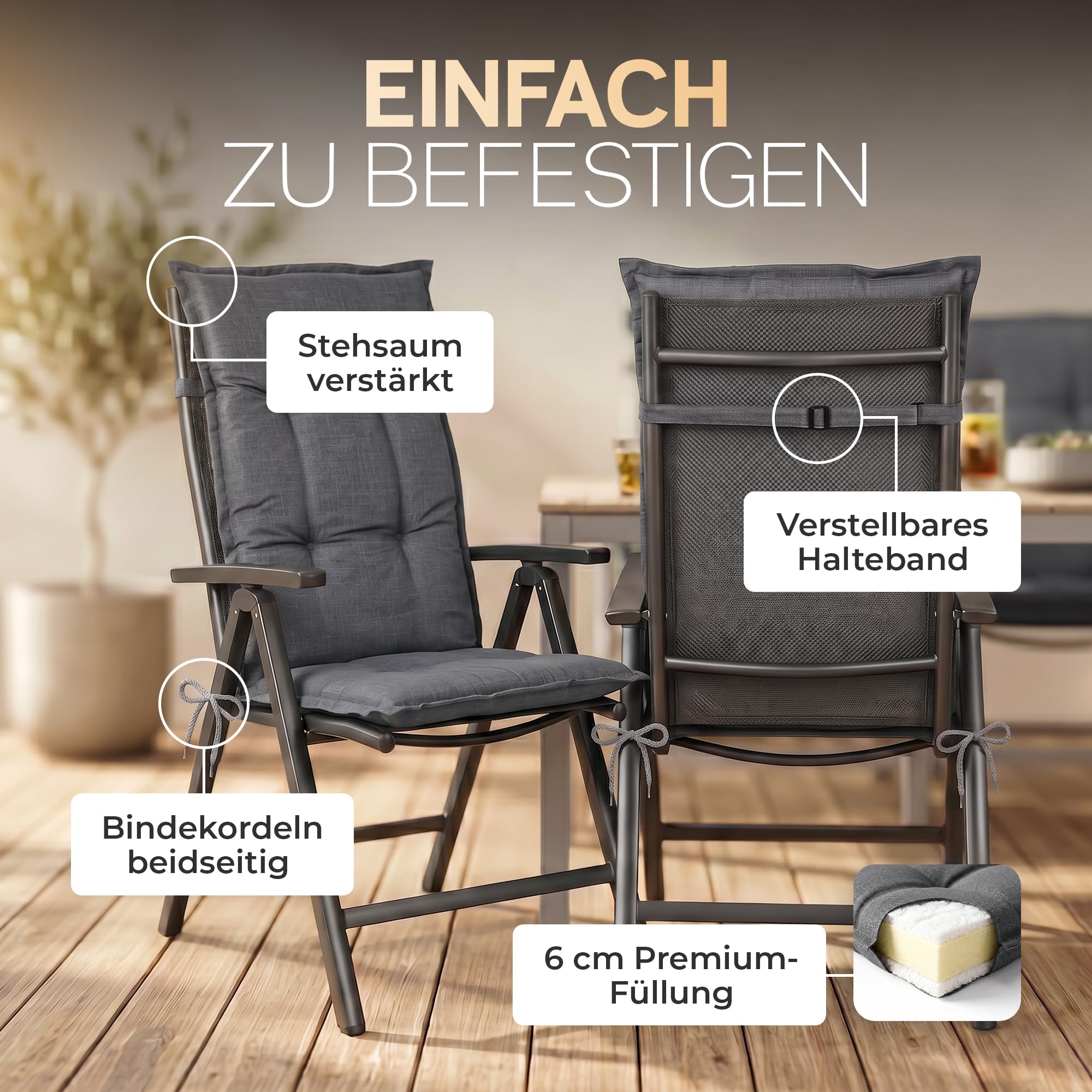Hochlehner Auflagen 2er Set - 120x50 cm - Gartenstuhlauflagen Sitzauflagen - Oeko-Tex zertifiziert - Hochlehner Polster - Gartenstuhl Stuhlauflagen mit Befestigung - Made in EU - Antrazit