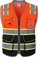 Vista 18 de JKSafety - Chaleco de seguridad azul con cremallera frontal de alta visibilidad, 9 bolsillos, azul con tiras reflectantes de doble tono, estándares