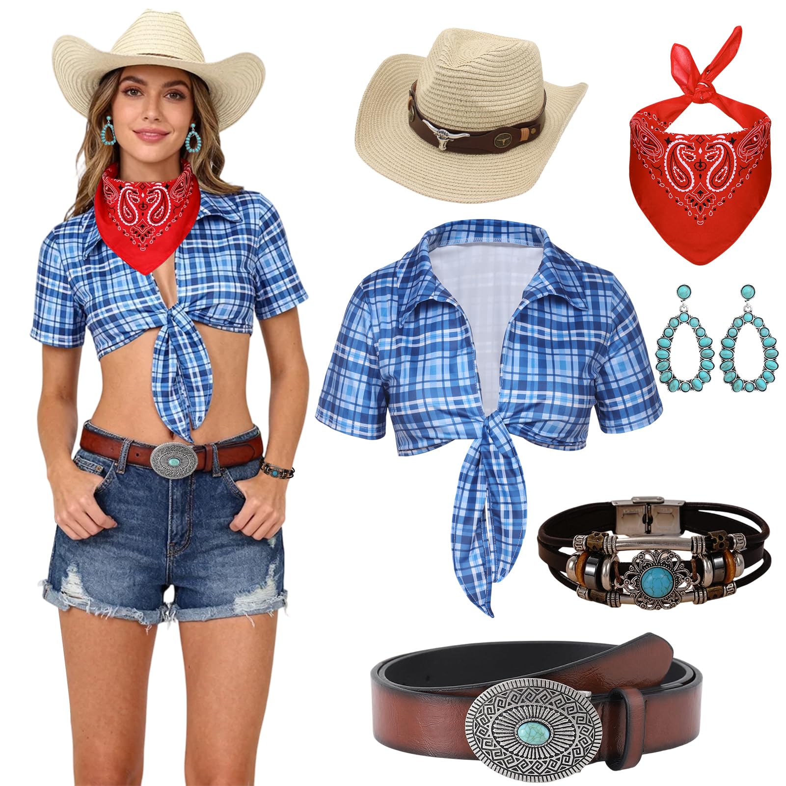 Crittygo Cowgirl Outfits for Women, 6 Pcs Cowboy Accessories Set with Plaid  Shirt Cowboy Hat Bandana Earrings Belt Bracelet, Cowgirl Costume for  Halloween Western Theme Party - BigaMart