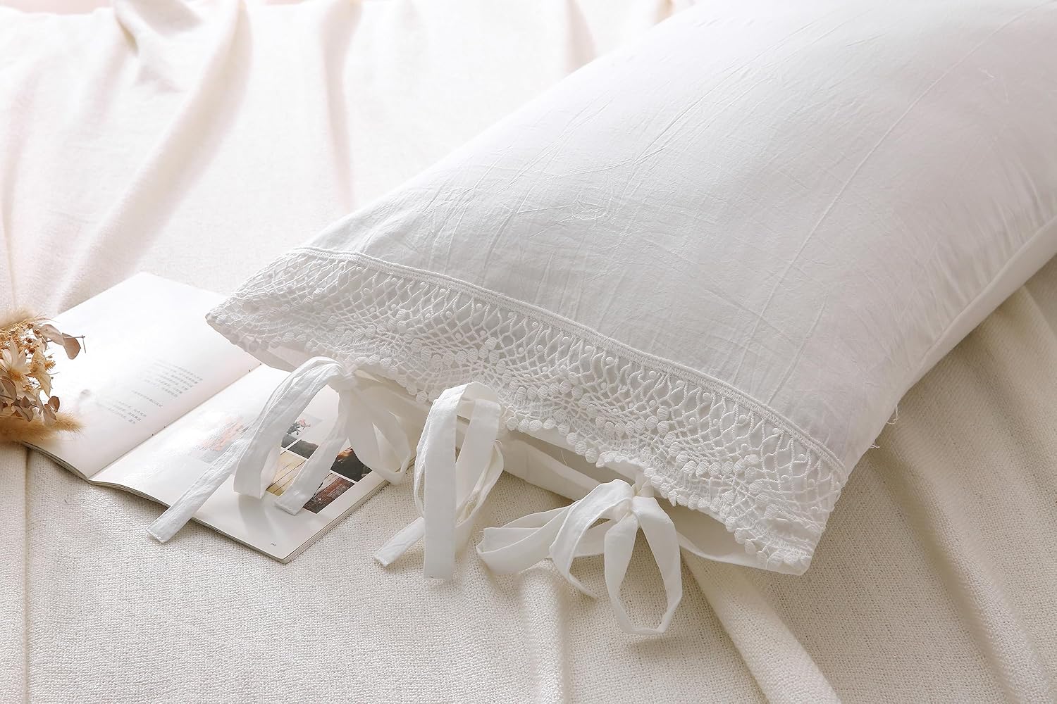 2-Pack Ivory White Lace Bed Pillow Shams Crochet Pillowcase 100% Cotton 30"X20" Queen Size (Off White) Tie Closure