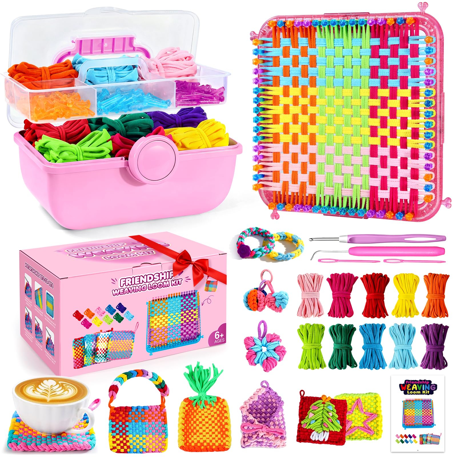 Kit de Métier à Tisser Jouets, 360 Boucles pour Dessous de Plat, Loisirs Créatifs DIY pour Adultes et Enfants de 6 à 13 Ans, Coffret Tisseur Portable - Cadeau de Noël et d'Anniversaire pour Filles