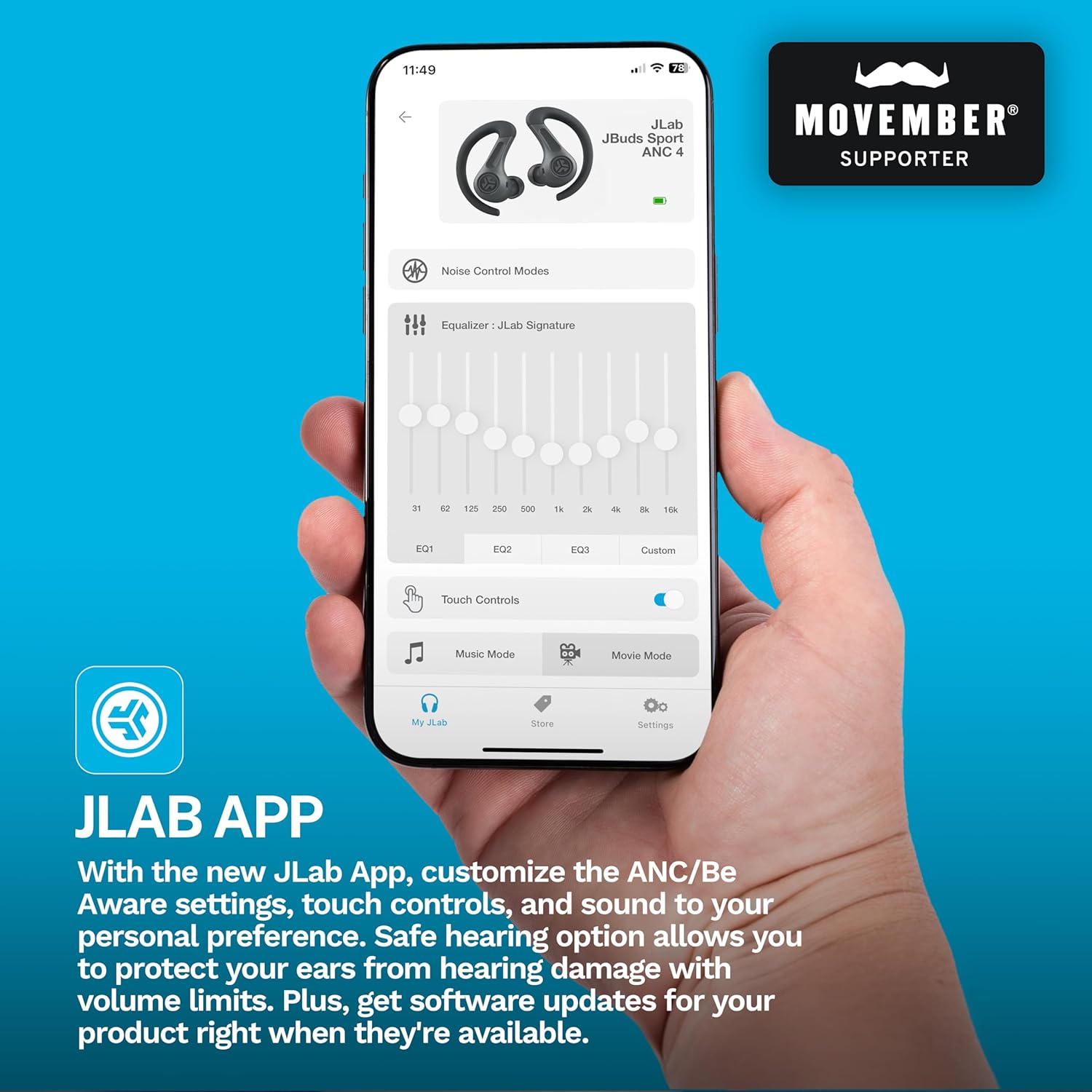 JLab JBuds Sport ANC 4 True Wireless Bluetooth Earbuds + Charging Case, Graphite, Swipe + Touch Controls, Hybrid Active Noise Cancelation, Multipoint Connect, Customized Settings App