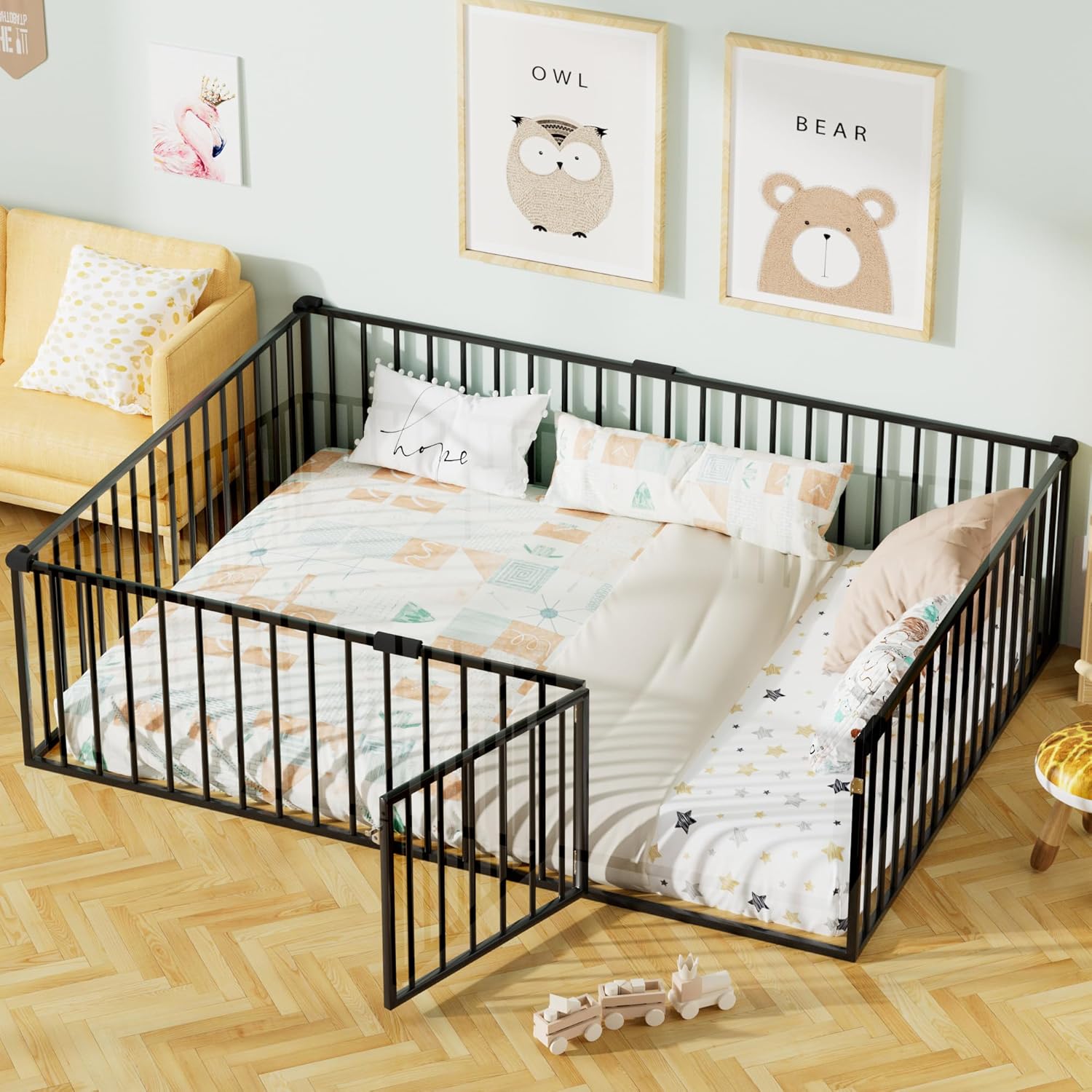 Full Size Metal Floor Bed Frame with Safety Guardrails & Door, Montessori Bed Frame, Metal Montessori Floor Bed for Girls and Boys, No Box Spring Needed, Easy Assemble, Black