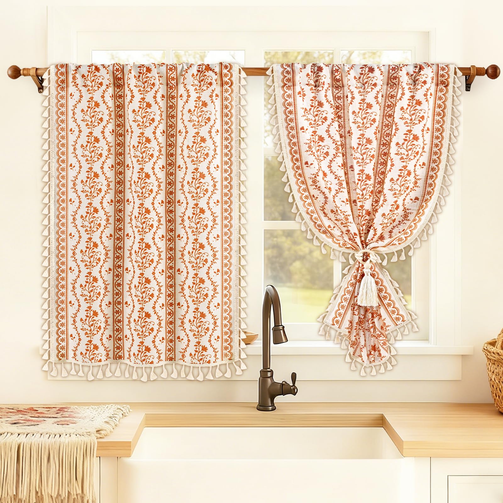Yinhua Boho Kitchen Curtains 36 Inch Length Vintage Linen Cafe Curtains Light Filtering Bohemian Floral Tier Rod Pocket Farmhouse Rustic Tassel Small Drapes with Tiebacks, 2 Panels, White Orange