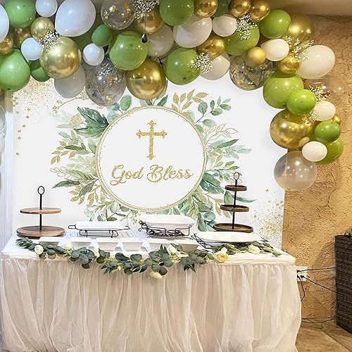 Miniatura 3 de Mocsicka Telón de fondo de bautismo de 7 x 5 pies para niños y niñas, hojas de eucalipto verdes, pancarta de bautizo, primera comunión, Mi Bautizo,