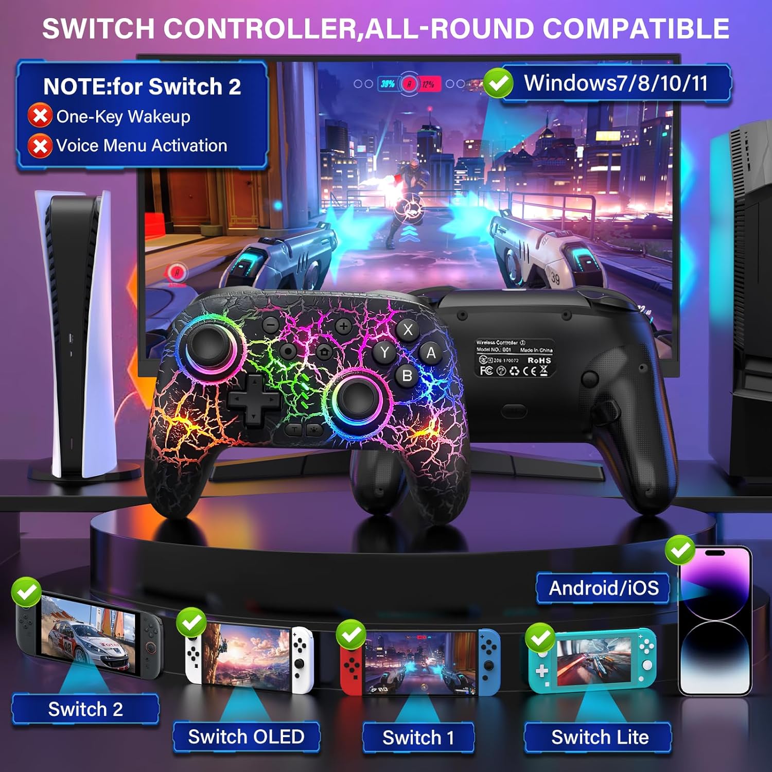 ZRZLMVP Switch Controller Wireless for Nintendo Switch/OLED/Lite/Switch 2, 1000mAh Rechargeable Pro Controllers with 9 Colors LED Light, Switch Remote Control Gamepad with Turbo, Vibration,6 Axis Gyro - Image 2