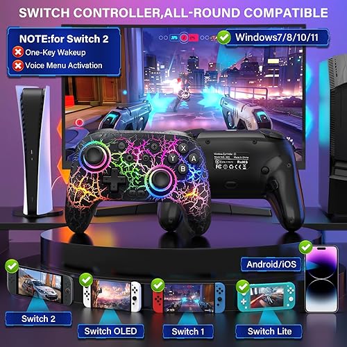 Vista 2 de ZRZLMVP Switch Controller Wireless for Nintendo Switch/OLED/Lite/Switch 2, 1000mAh Rechargeable Pro Controllers with 9 Colors LED Light, Switch Negro
