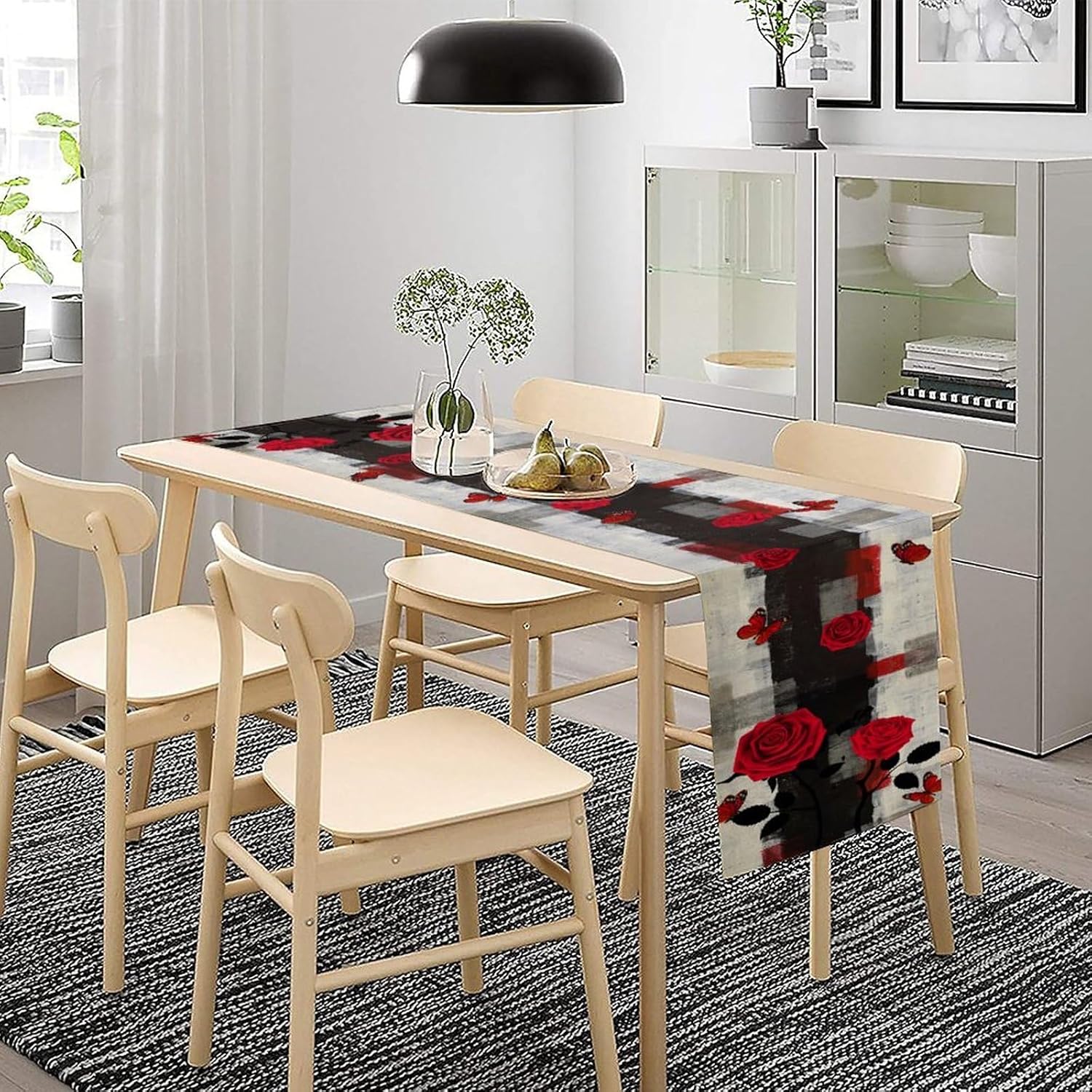 Red Rose Butterfly Table Runner, Abstract Modern Black Grey Red Rose Flowers Vintage Oil Painting Print Table Runner Decoration for Kitchen Dinner Table Holiday Party, 13x120inch