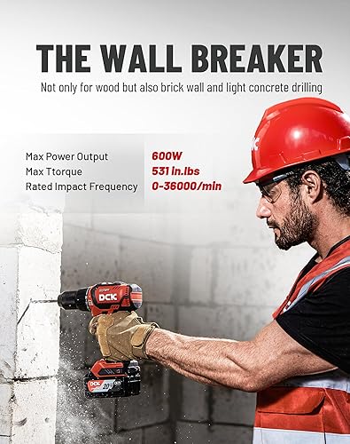 Miniatura 3 de DCK Taladro de martillo sin escobillas de 20 V, 531 in.lbs, 36000 BPM, portabrocas de metal sin llave de 1/2 pulgada, batería de 4.0Ah, embrague