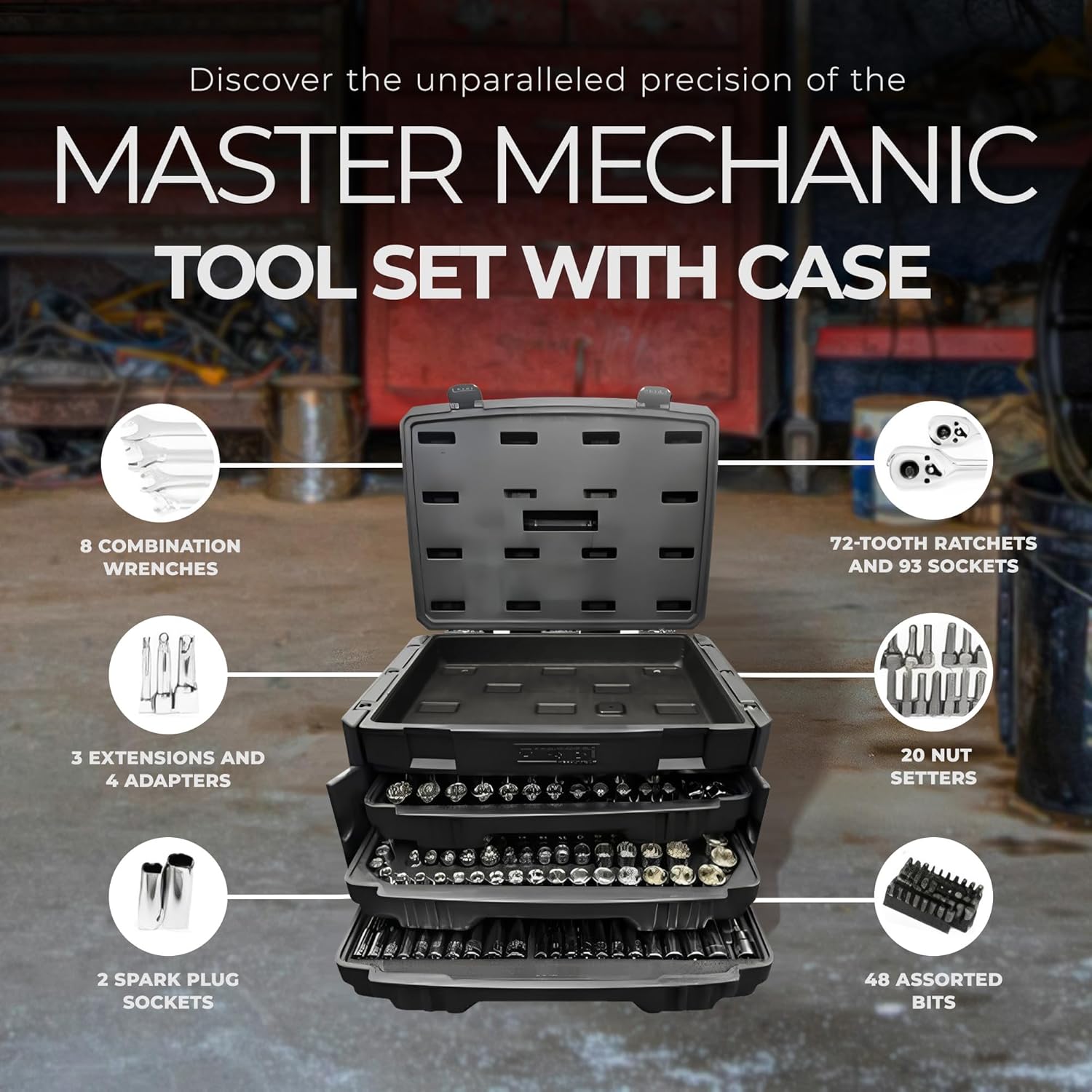 Master Mechanic 205 Piece General Household Home Repair Mechanics Tool Case Set, 1/2, 1/4, 3/8" Drivers with Socket, Wrench, Jabber Bits and Hex Keys