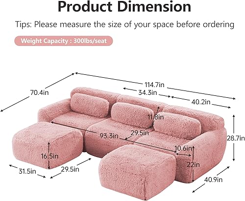 Miniatura 2 de Sofás de nube sin hueso de 114.7 pulgadas, tela de felpa suave y esponjosa, sofá modular en forma de U con 2 otomanas, sofás rosas de 3 plazas,