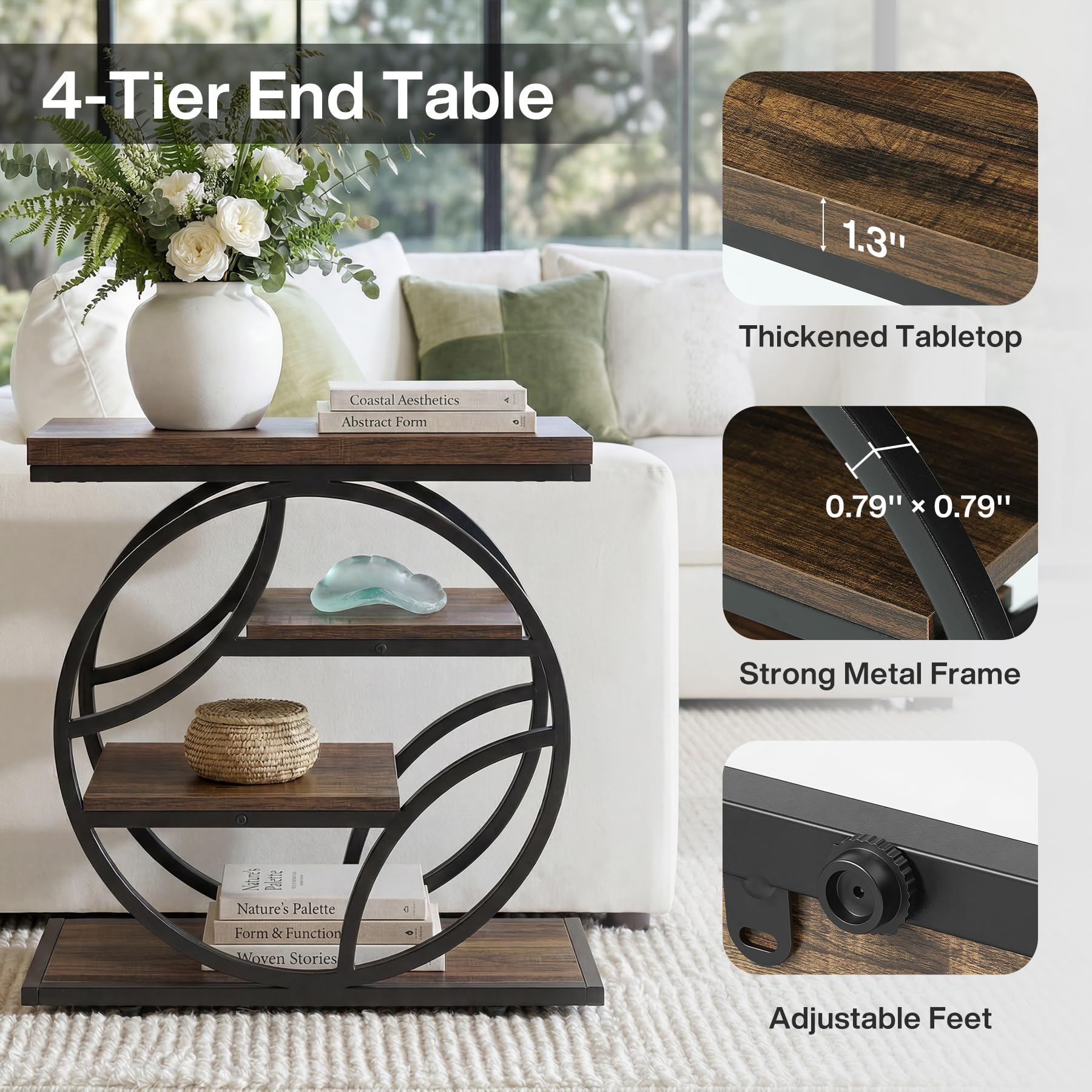 Tribesigns Side Table with 4-Tier Storage Shelf, 25-Inch Living Room Narrow End Table, Small Industrial Nightstand with Geometric Metal Frame, Accent Furniture for Bedroom Small Space, Brown