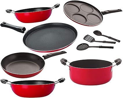 Nirlon Nonstick Cookware Set Standard, Dishwasher Safe, 9-Pieces, Red [26_KD12_KD14_TP_FT10_Cass20_UP4_3SPN]