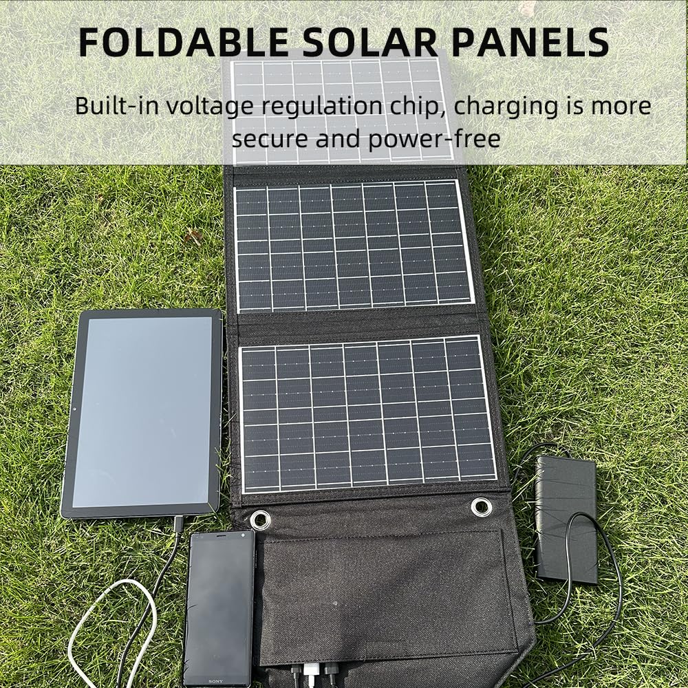 Caricabatterie a pannello solare pieghevole 45W con telefono USB-C e USB-A, alimentazione, uscita tablet QC3.0 - campeggio, passeggiata, zaino impermeabile viaggi