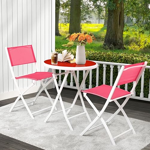 Miniatura 9 de HAPPYGRILL Juego de 3 piezas de bistró plegable para patio, juego de silla y mesa plegable al aire libre con tela transpirable, mesa de vidrio