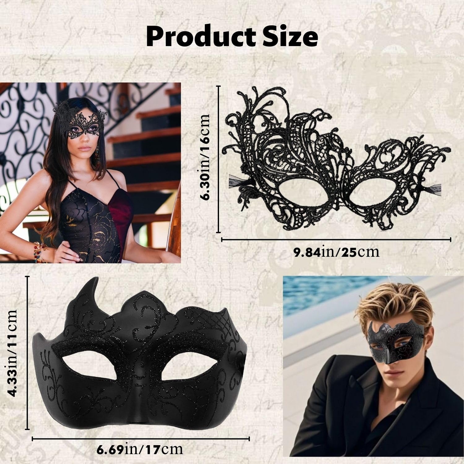 Issimober 2 Pcs Masquerade Masks for Couples Black Masquerade Mask for Women Men Masquerade Ball Masks for Party Carnival, Halloween - Image 2