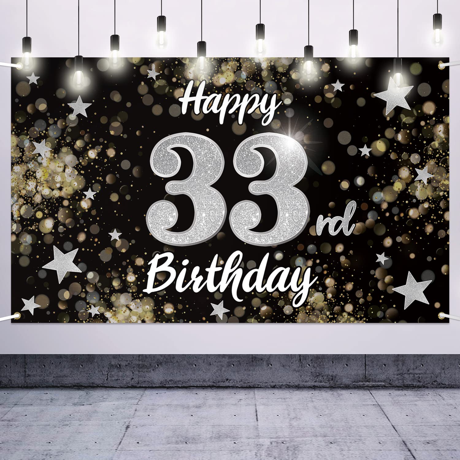Nelbiirth Happy 33rd Birthday Decorations,33rd Black & Silver Dream Star Large Birthday Banner Backdrop Sign - Cheers to 33 Years Old Bday Party