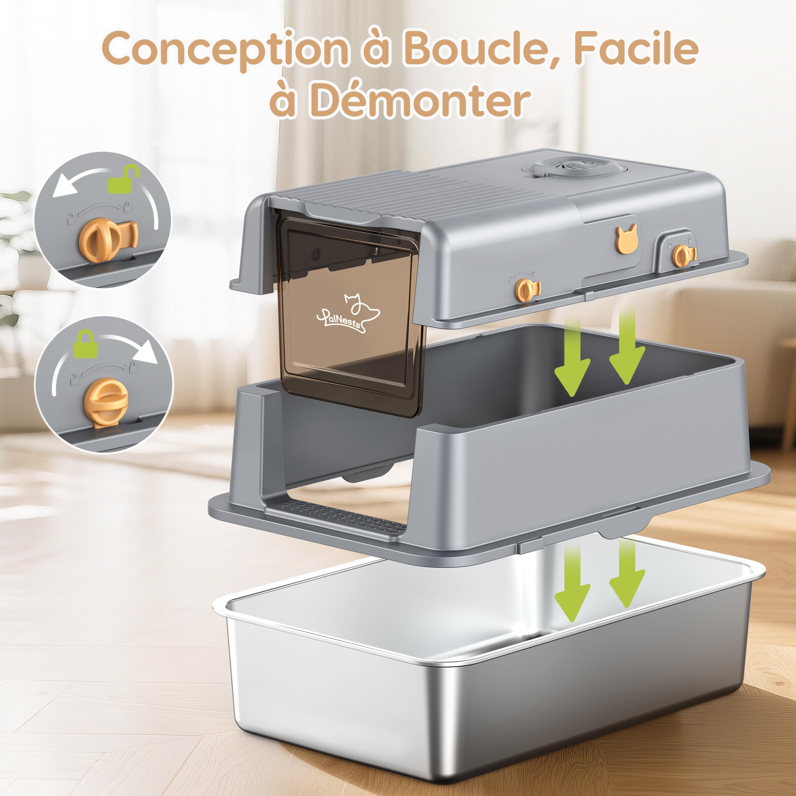 Bac à Litière en Acier Inoxydable, PalNests XXL Litter pour Chat avec Couvercle à 105° et Pelle, Litière en Métal Amovible, 3 en 1 Litiere à Bords Hauts avec Désodorisant pour Litière pour Chat