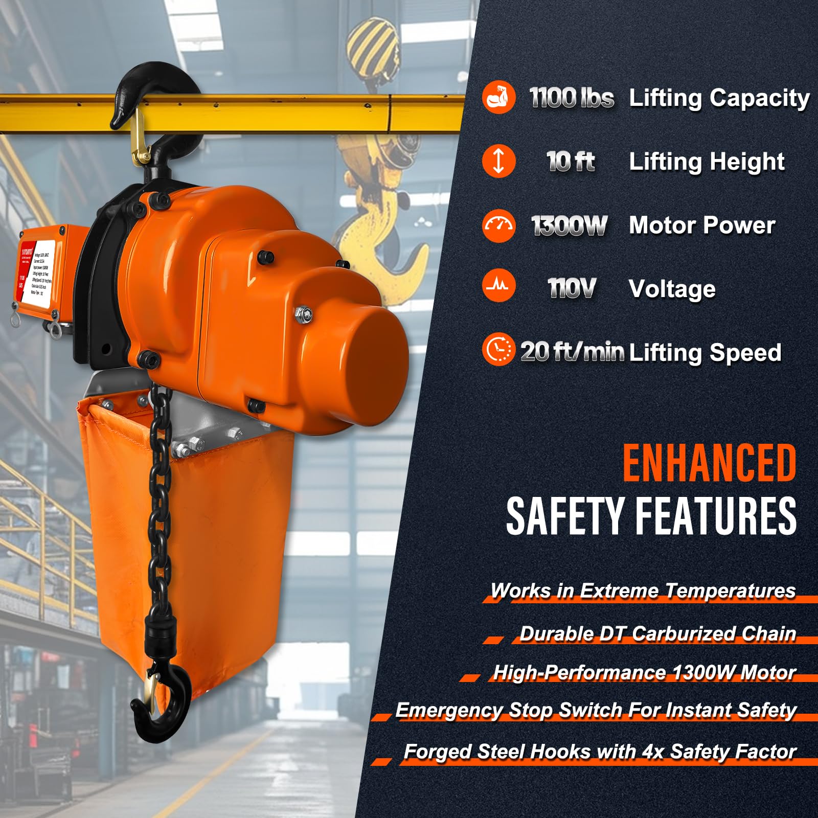 YATOINTO Electric Chain Hoist 1/2Ton, 10Ft Wired Remote Control w/Emergency Stop Switch Swivel Hook Max Load 1100lbs Max Lift Height 10 Ft 120V Overhead Crane Hoist for Garage Ceiling