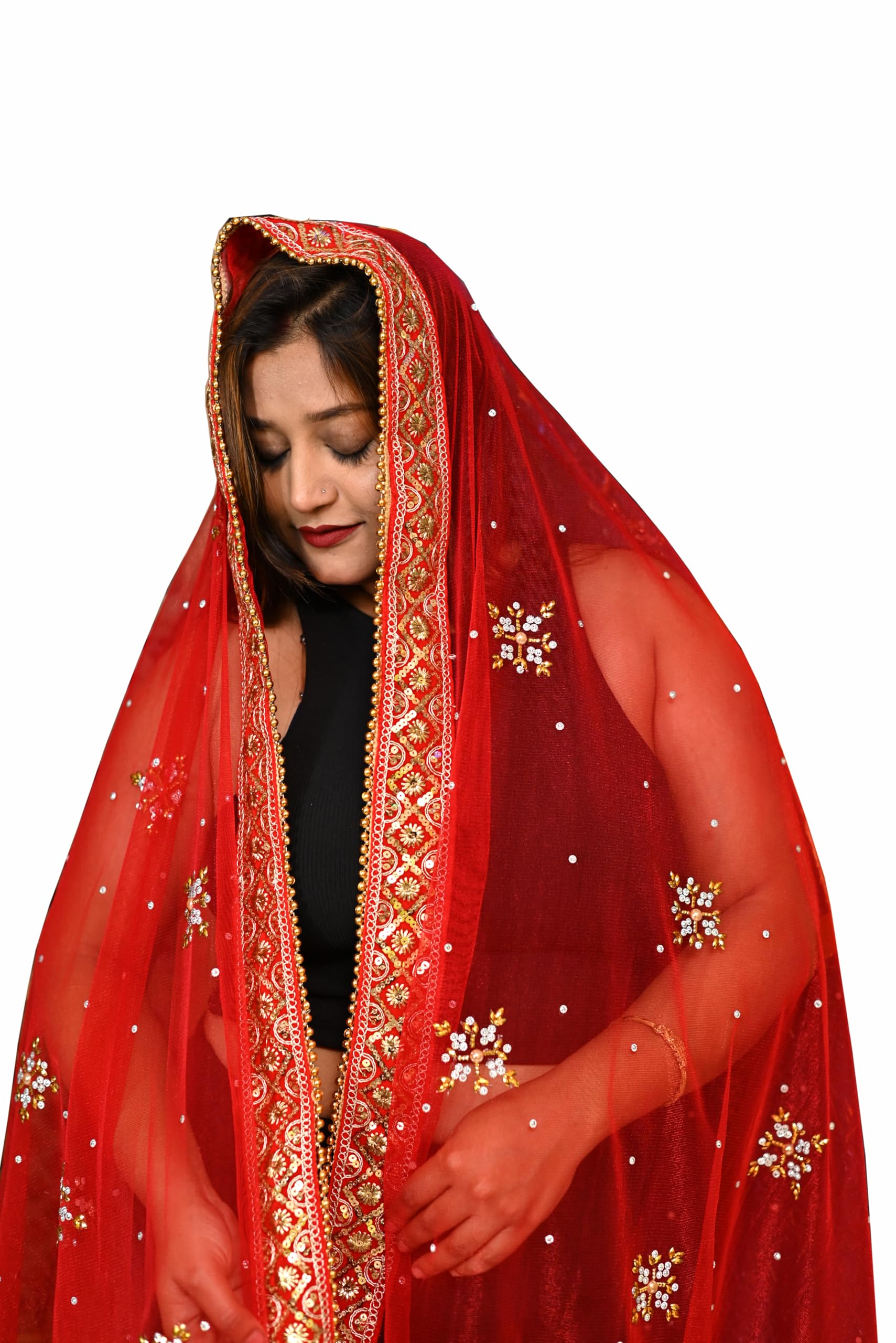 Red Net Wedding Dupatta with Stone Work, Embroidered Border, Self Design, Traditional Indian Bridal Scarf-image-12