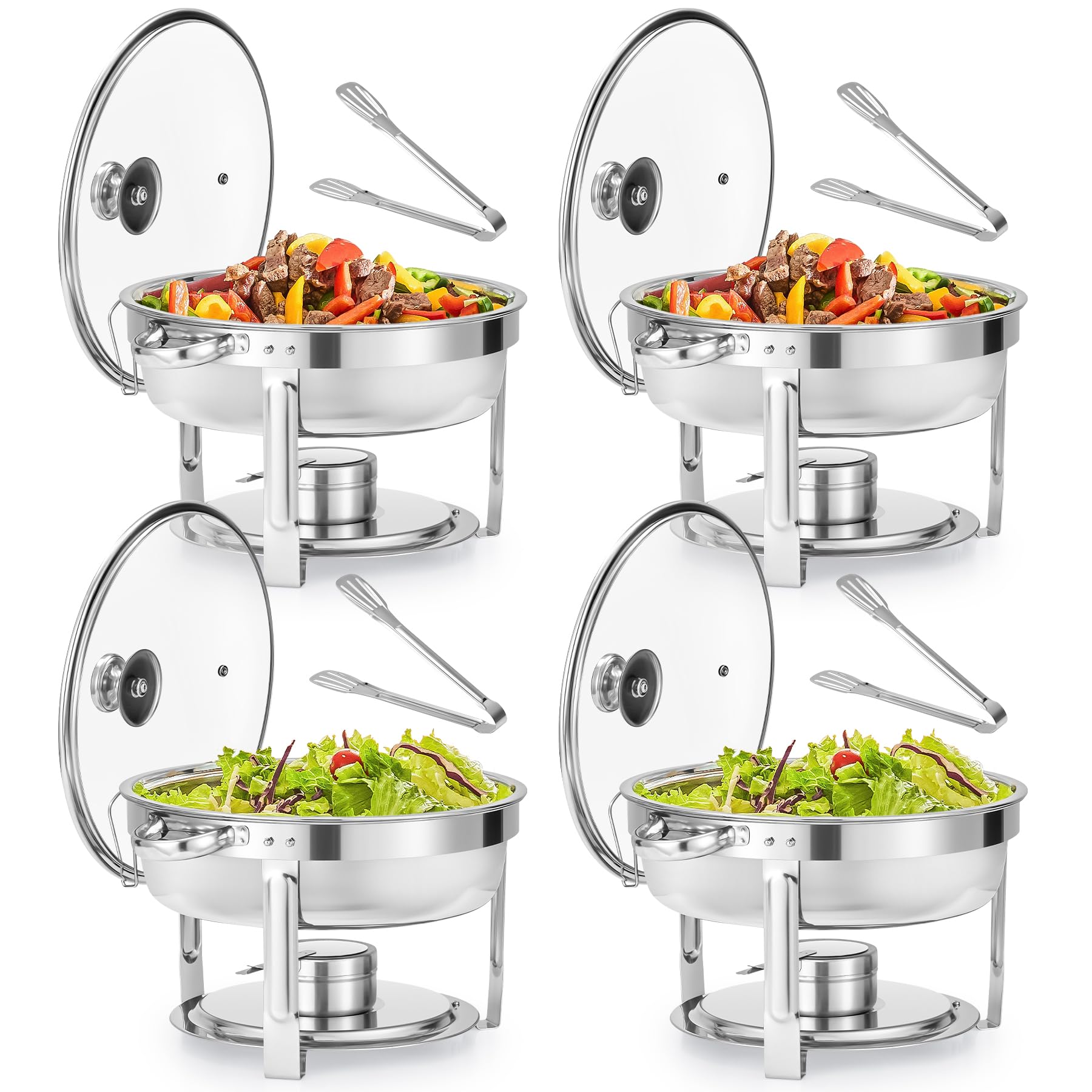 WILPREP Chafing Dish Buffet Set, 4 Pack 5.5L Round Chafers for Catering with Glass Lid & Lid Holder Water Food Pan, Stainless Steel Food Warmers