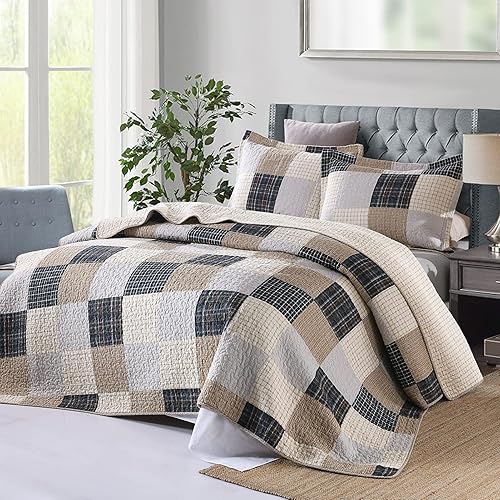 Miniatura 10 de Finlonte Juego de edredón tamaño King  Juego de edredón de 100 % algodón tamaño King, color marrón, verde, blanco, a cuadros, rústico, reversible,