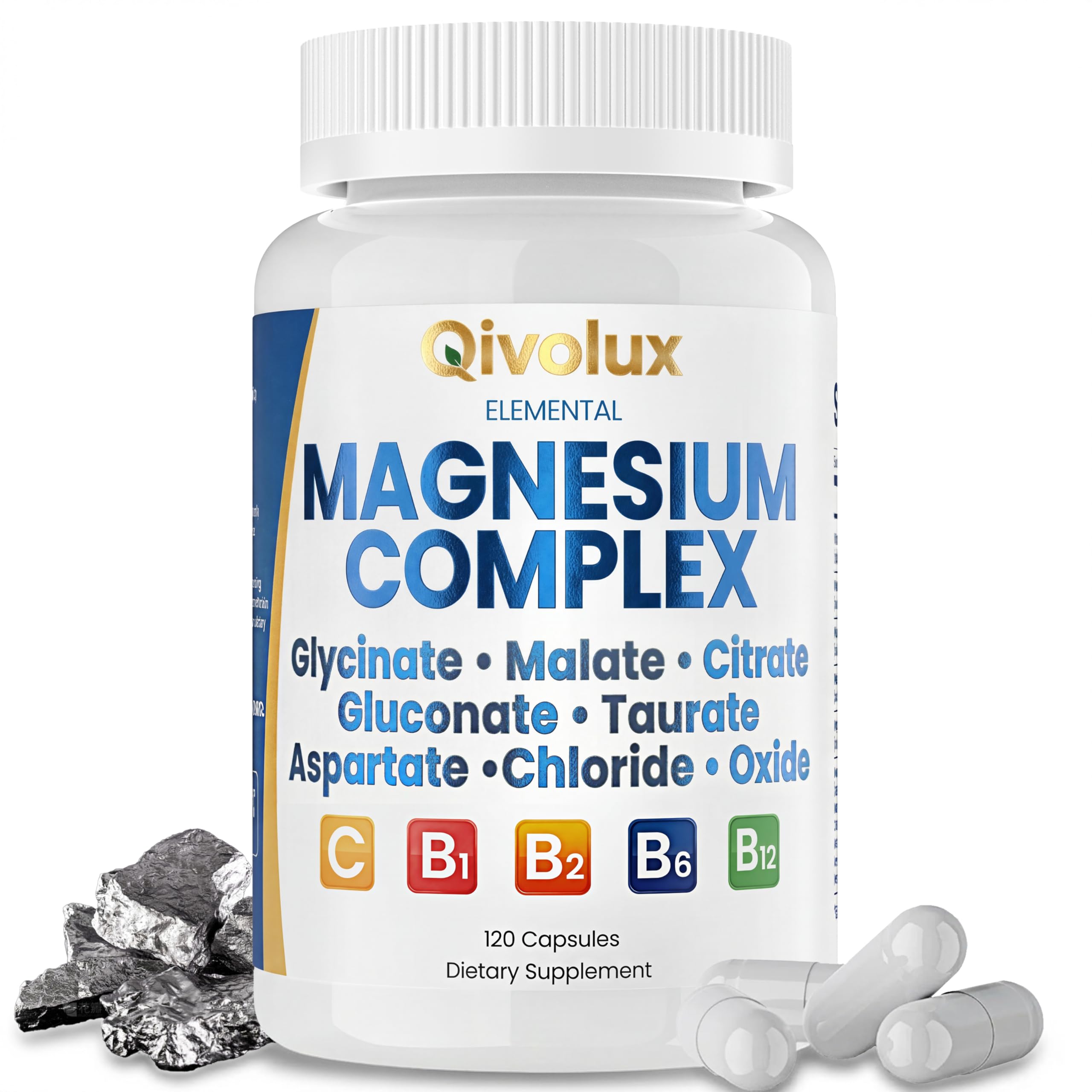 Magnesium Complex for Women & Men 500mg, High Absorption, Glycinate, Citrate, Malate, Taurate, Gluconate, Aspartate, Oxide, Chloride with Vitamin C & B1 B2 B6 B12- Vegan