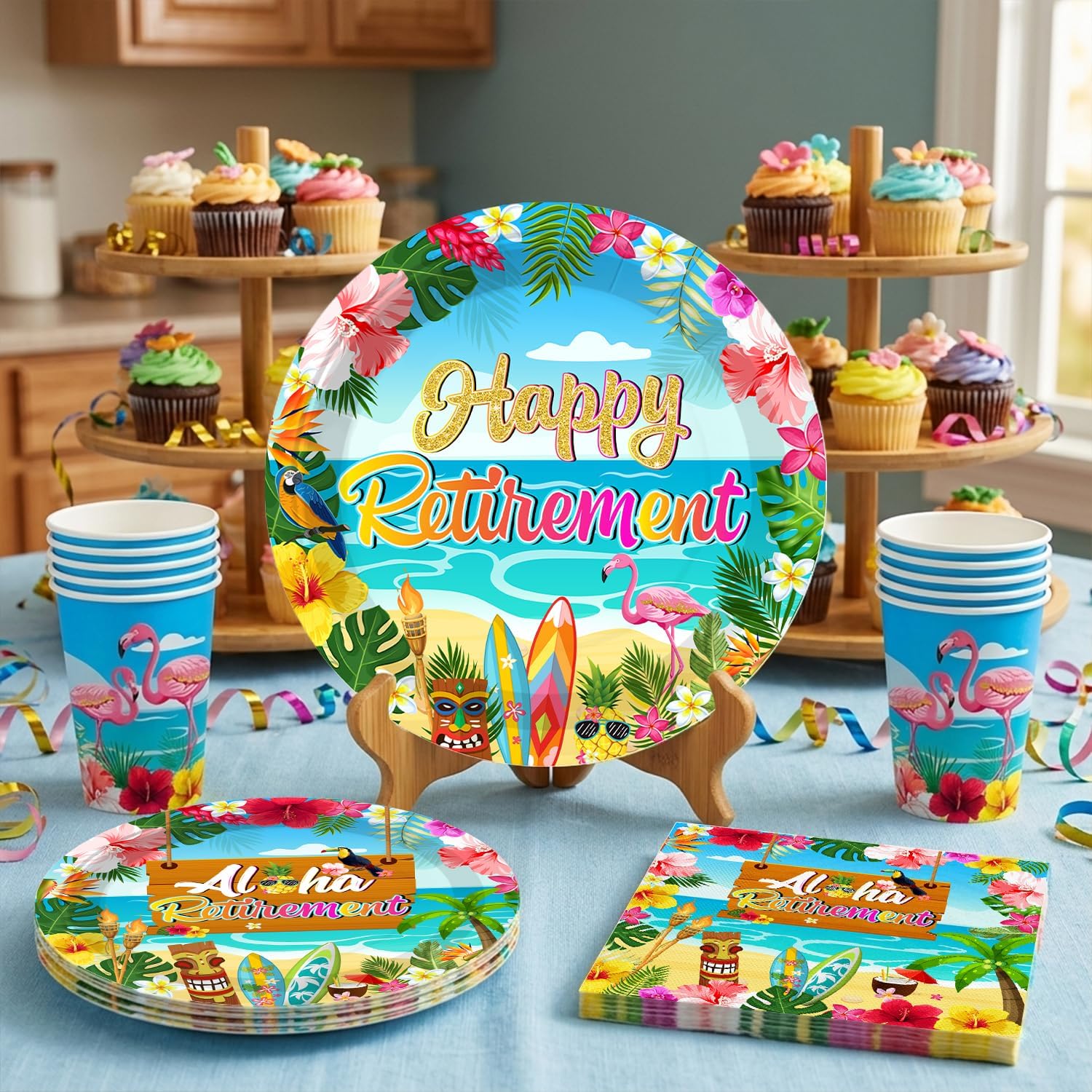 Tropical Retirement Party Decorations, Luau Aloha Hawaiian Beach Themed Retirement Party Supplies Including Banner Paper Plates and Napkins Sets Cake Toppers and 2 Pcs Tablecloth