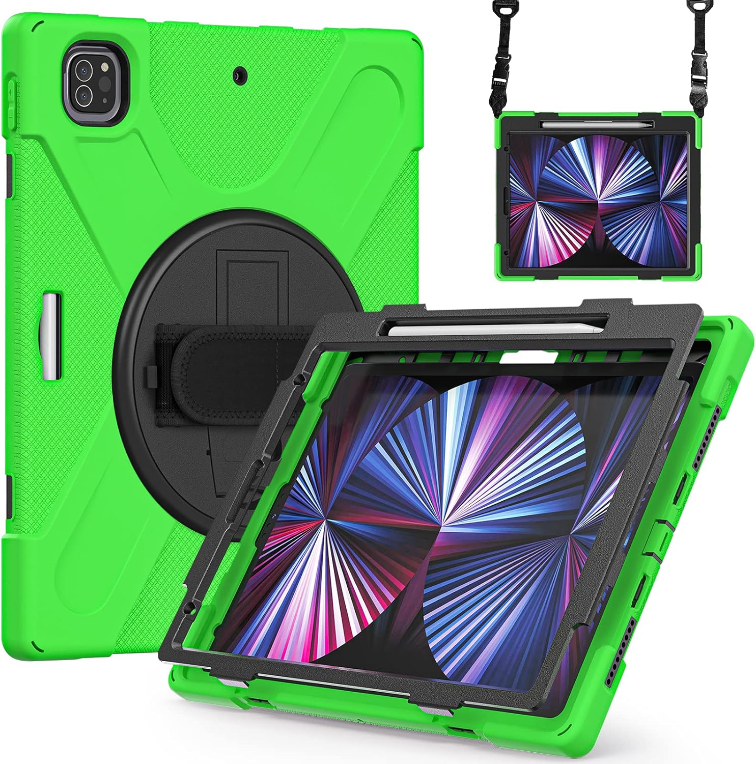 KIQ Shield iPad Pro 12.9 6th Generation Case 2022, Shockproof Heavy Duty Cover Stand Hand Strap for Apple iPad Pro 12.9 5th Gen 2021 - Green