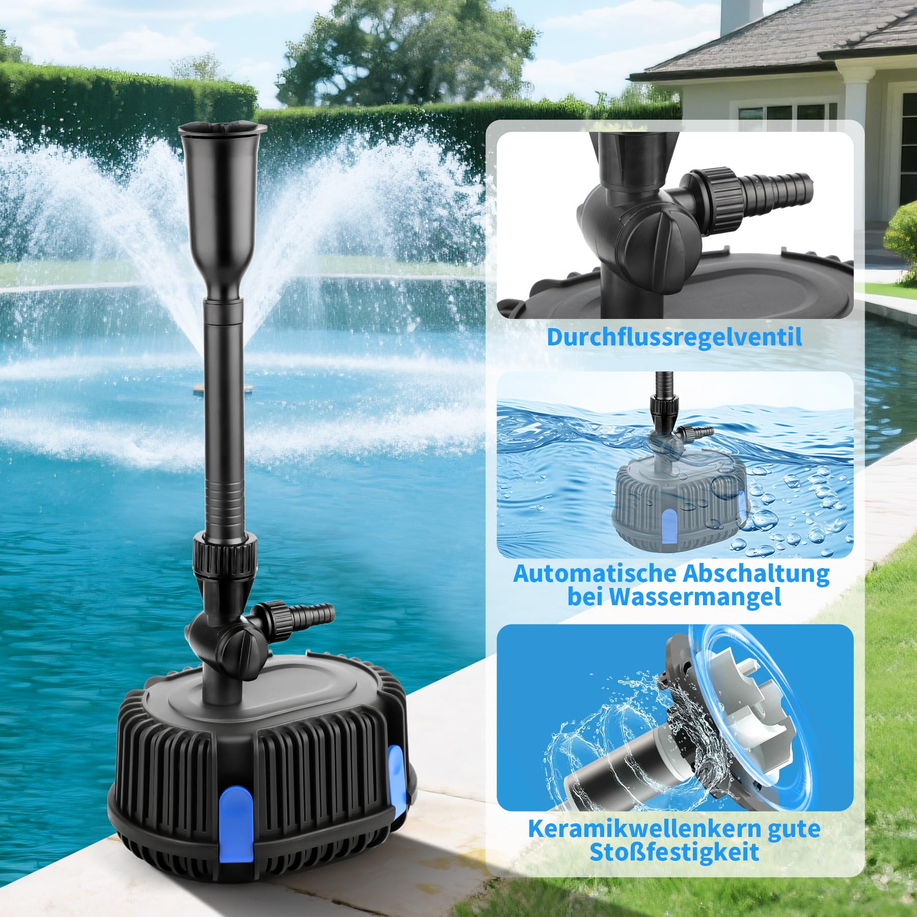 Bomba fuente Bomba de jardín Bomba de estanque para cursos de agua, cascadas, fuentes 25 vatios 1500L/H CHP-1500