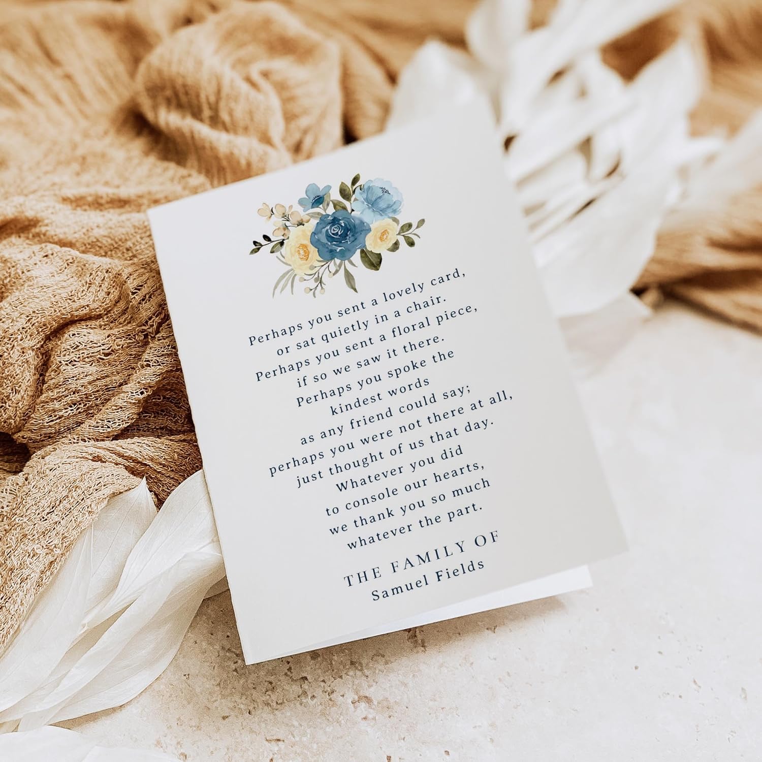 Personalized Funeral Thank You Cards with Poem and Blue Flowers, 4.25x5.5" Sympathy Acknowledgement Cards with Envelopes (Folded Card)