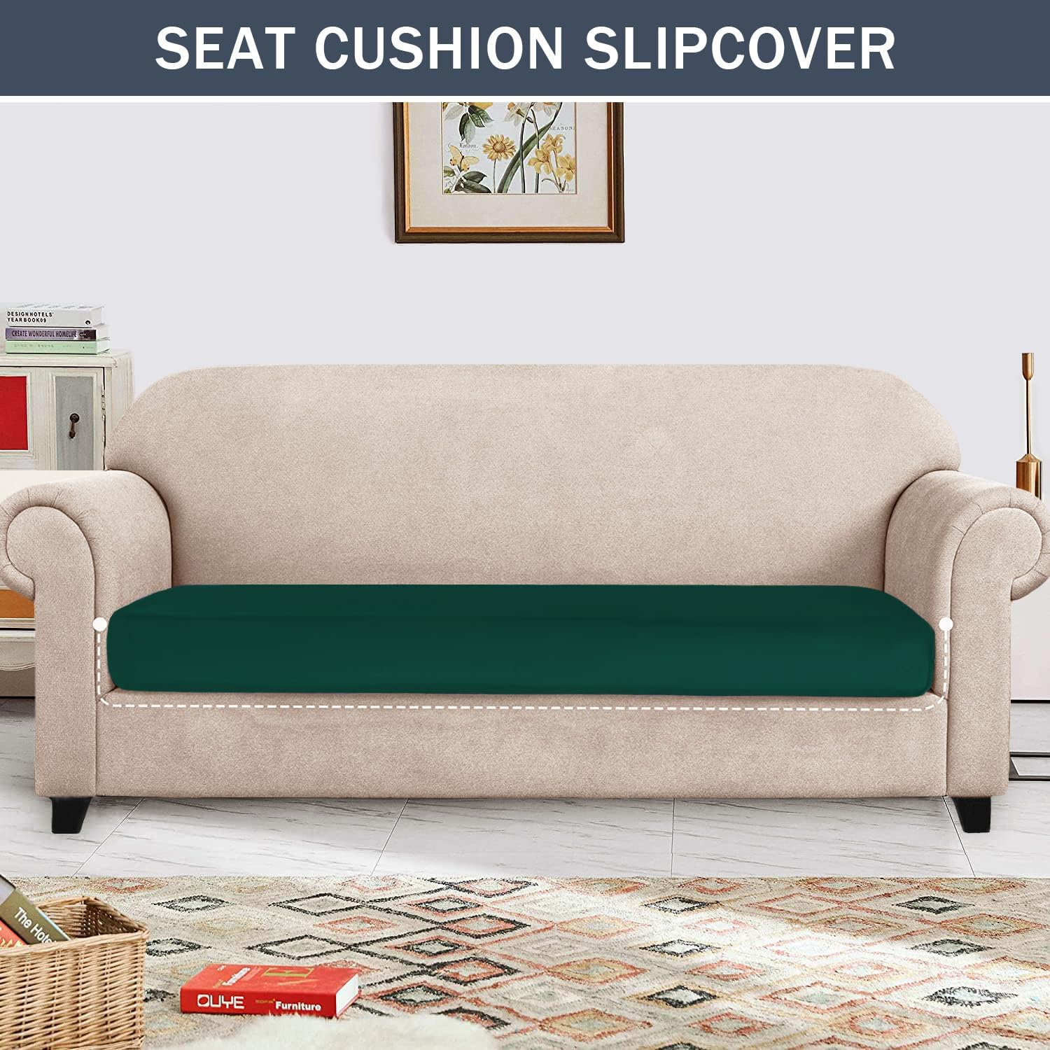 Stretch Cushion Cover, Soft Velvet Plush Cushion Slipcovers Loveseat Sofa Covers Couch Seat Covers Furniture Protector with Elastic Bottom (Green, X-Large)