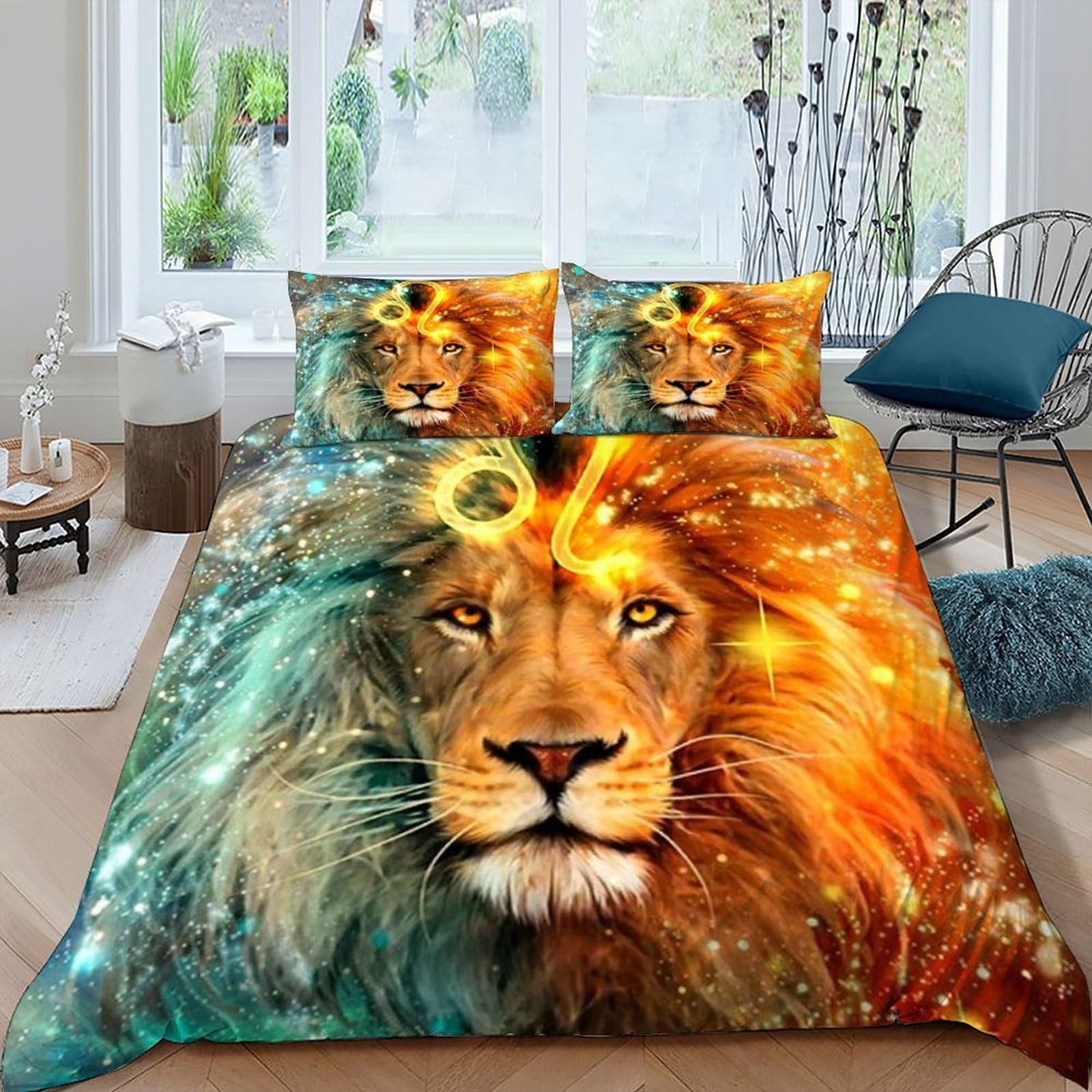 Housse de couette lion 3 pièces 220x240cm en microfibre avec deux taies d'oreiller