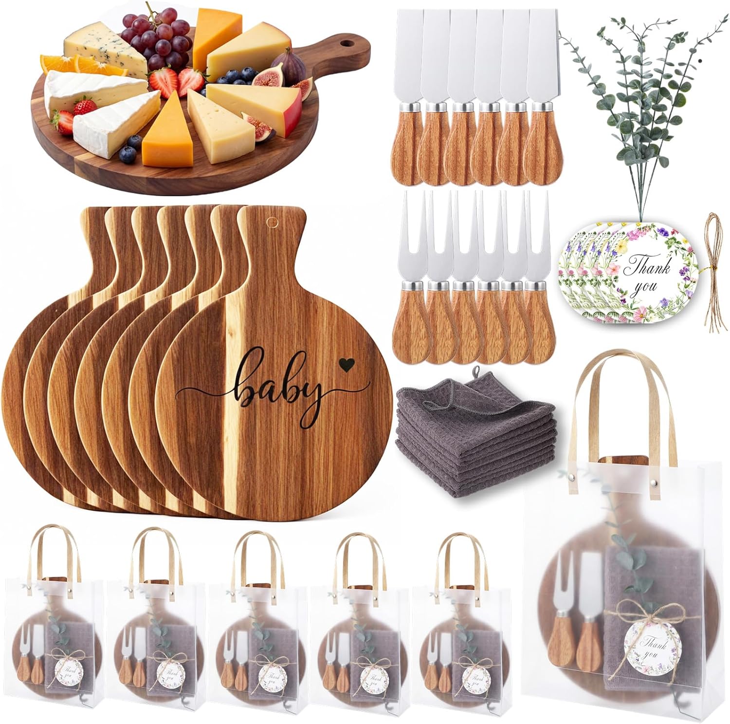 Remerry 42pcs Baby Shower Prizes for Game Winners Round Bamboo Cheese Gift with Knives Butter Spreaders Kitchen Towels for Guests