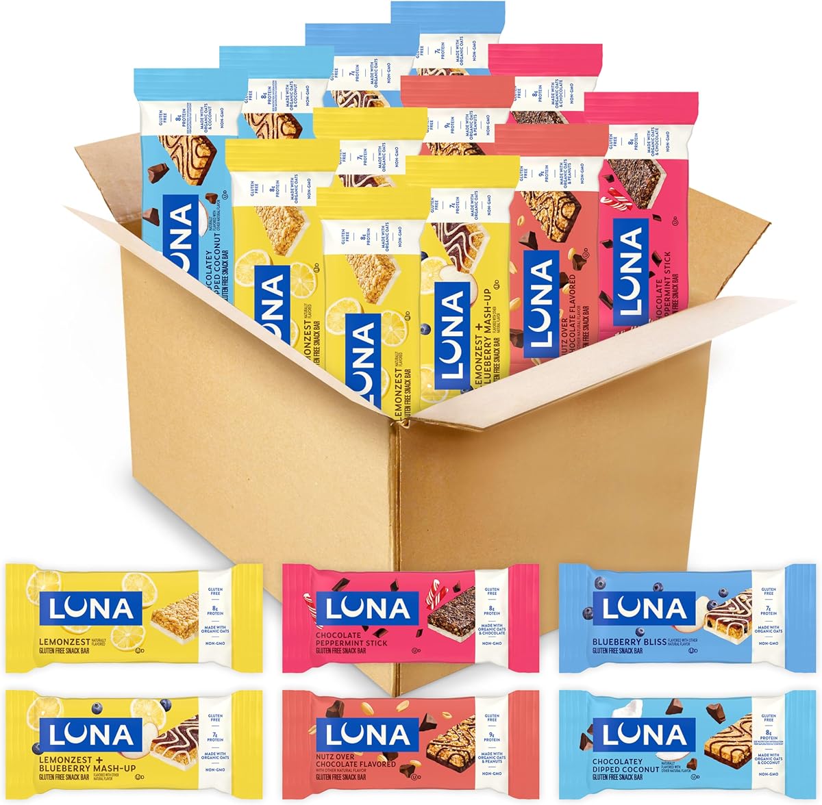 LUNA Bar Variety Pack, 6 Flavors, Gluten Free Snack Bars, 12ct | Plant-Based Protein Bars, 7-9g Protein, Non-GMO, Made with Organic Oats