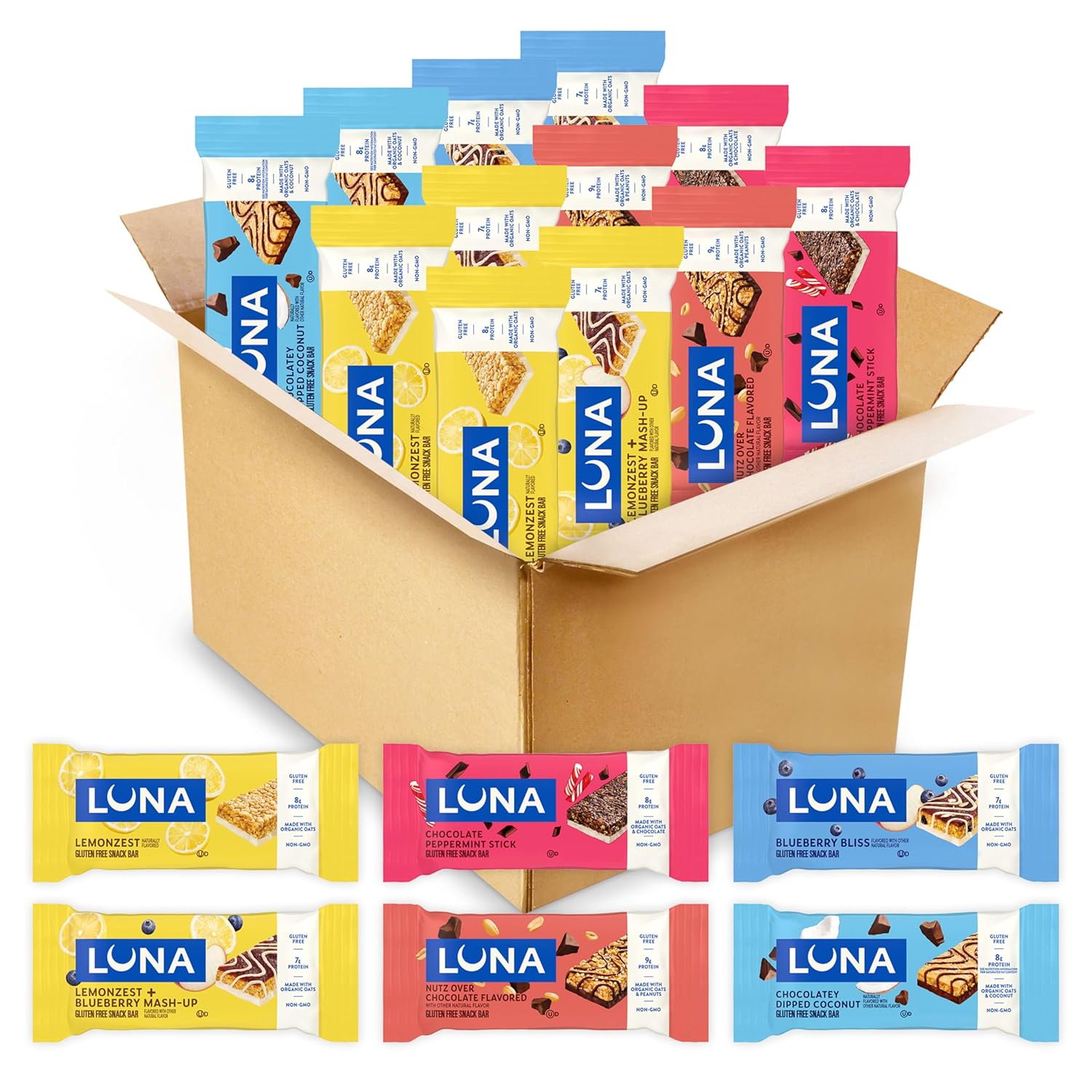 LUNA Bar - Variety Pack - Gluten-Free - Non-GMO - 7-9g Protein - Made with Organic Oats - Low Glycemic - Whole Nutrition Snack Bars - Amazon Exclusive - 1.69 oz. (12 Count)