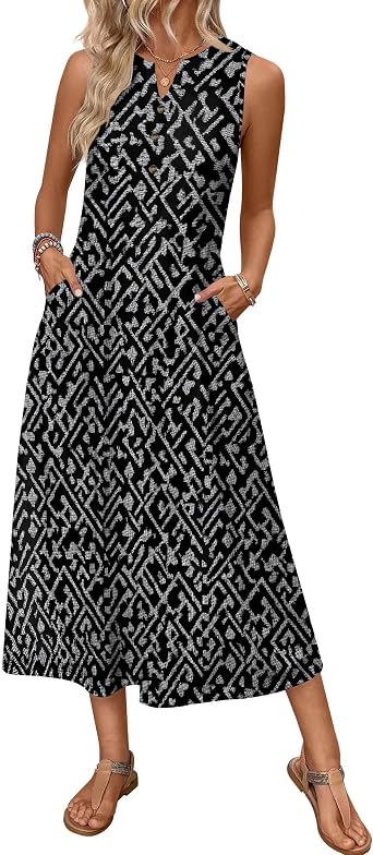 V Neck Sleeveless Button Down Casual Dress with Pockets for Women Travel Vacation Loose Long Beach Sundress