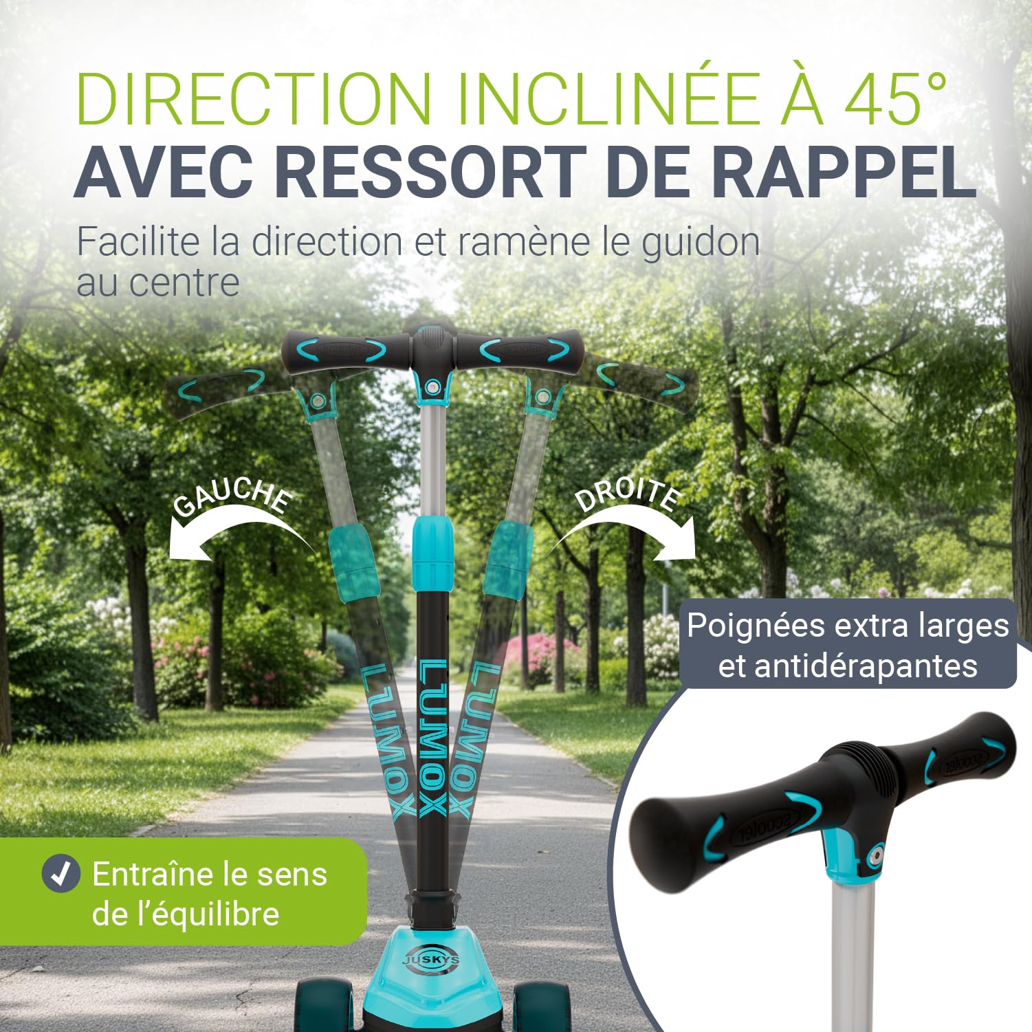JUSKYS® Trottinette Enfant Lumox - Noir/Rose/Bleu, Roues LED sans Batterie, Guidon réglable 70-81 cm, Pliable avec Suspension et Frein arrière