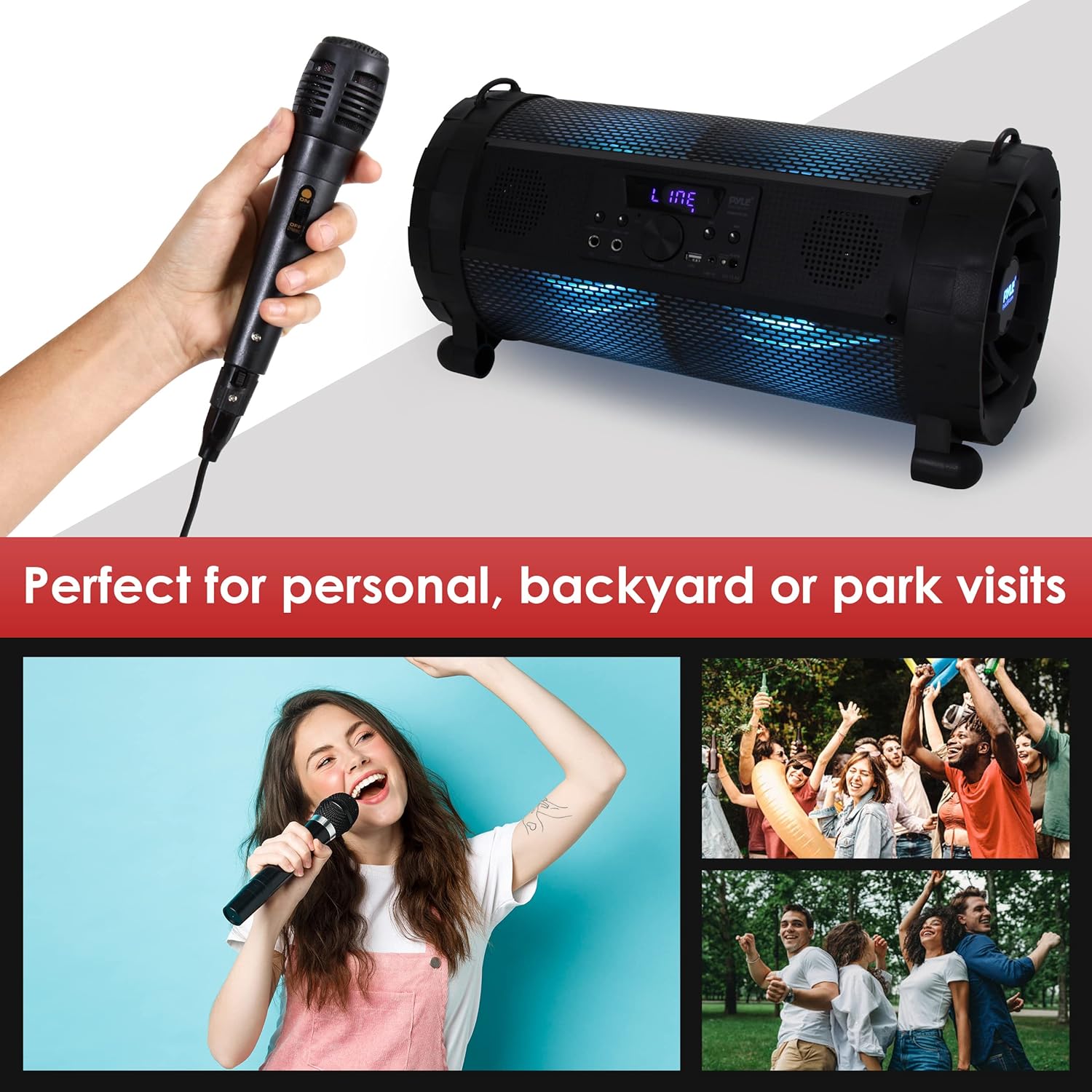 Person singing into a microphone with Pyle Boombox